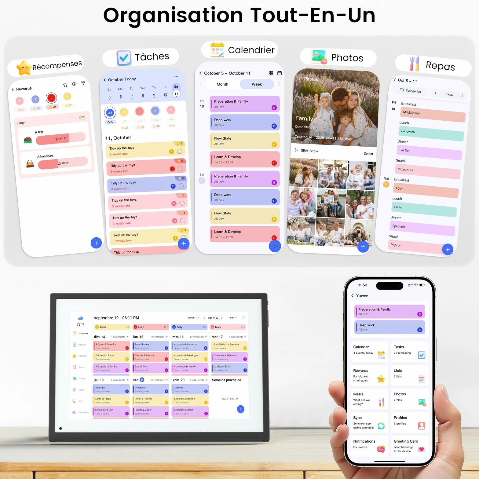 NEWYES 2026 Calendrier Numérique de Bureau 10,1" - Tableau Organisation Famille/Individuel & Cadre Numérique Wi-Fi Sync Écran Tactile Intelligent pour Semaine Enfant/Repas/Agenda/Apprentissage
