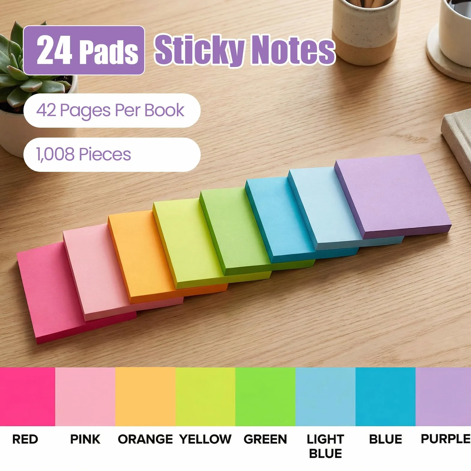 Bloc-notes autocollants 76 x 76 mm 24 blocs couleurs vives pour bureau maison présentations