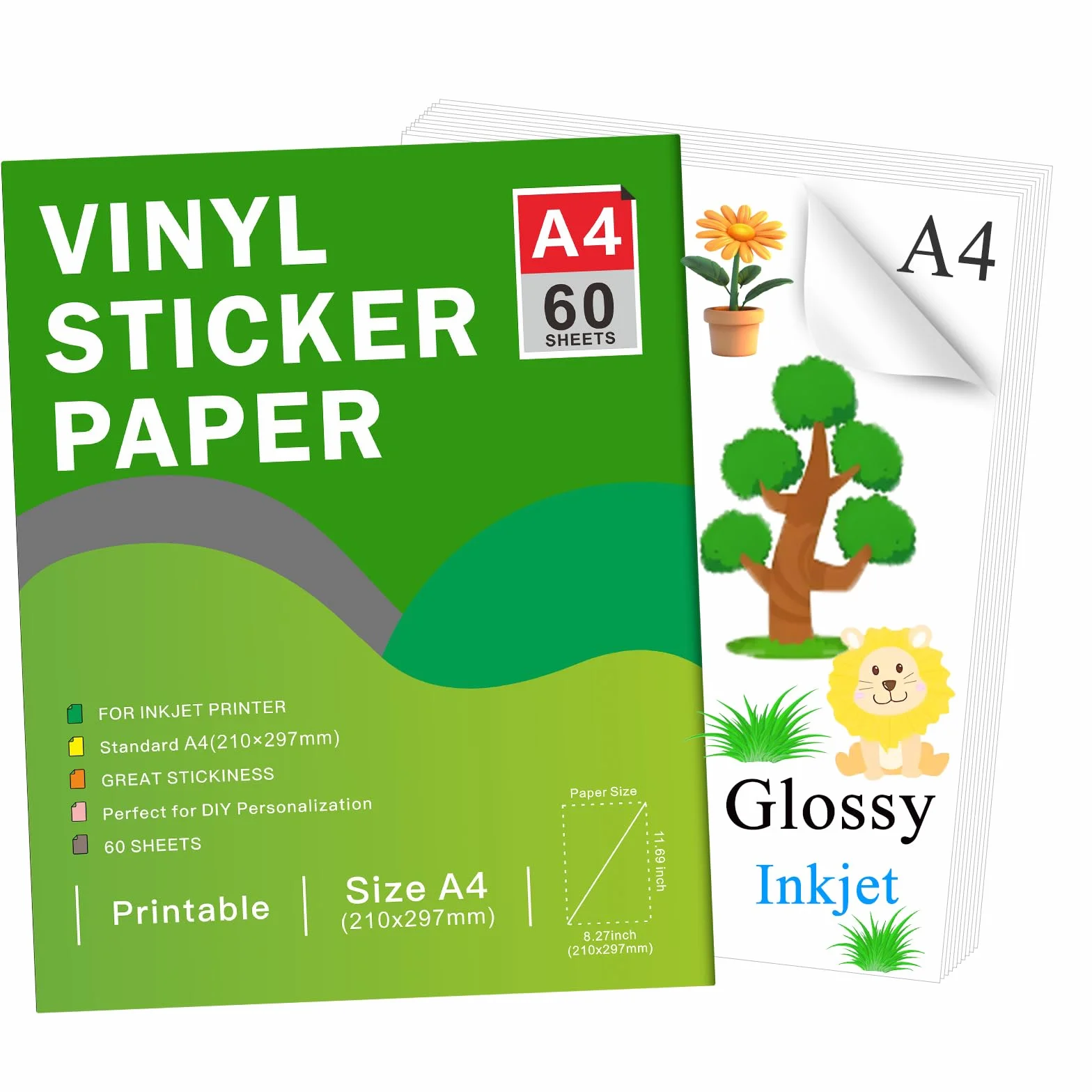 Papier Autocollant en Vinyle Blanc Brillant Imprimable A4 297 x 210 mm 60 Feuilles pour Imprimante Jet d'Encre Compatible Cricut Silhouette