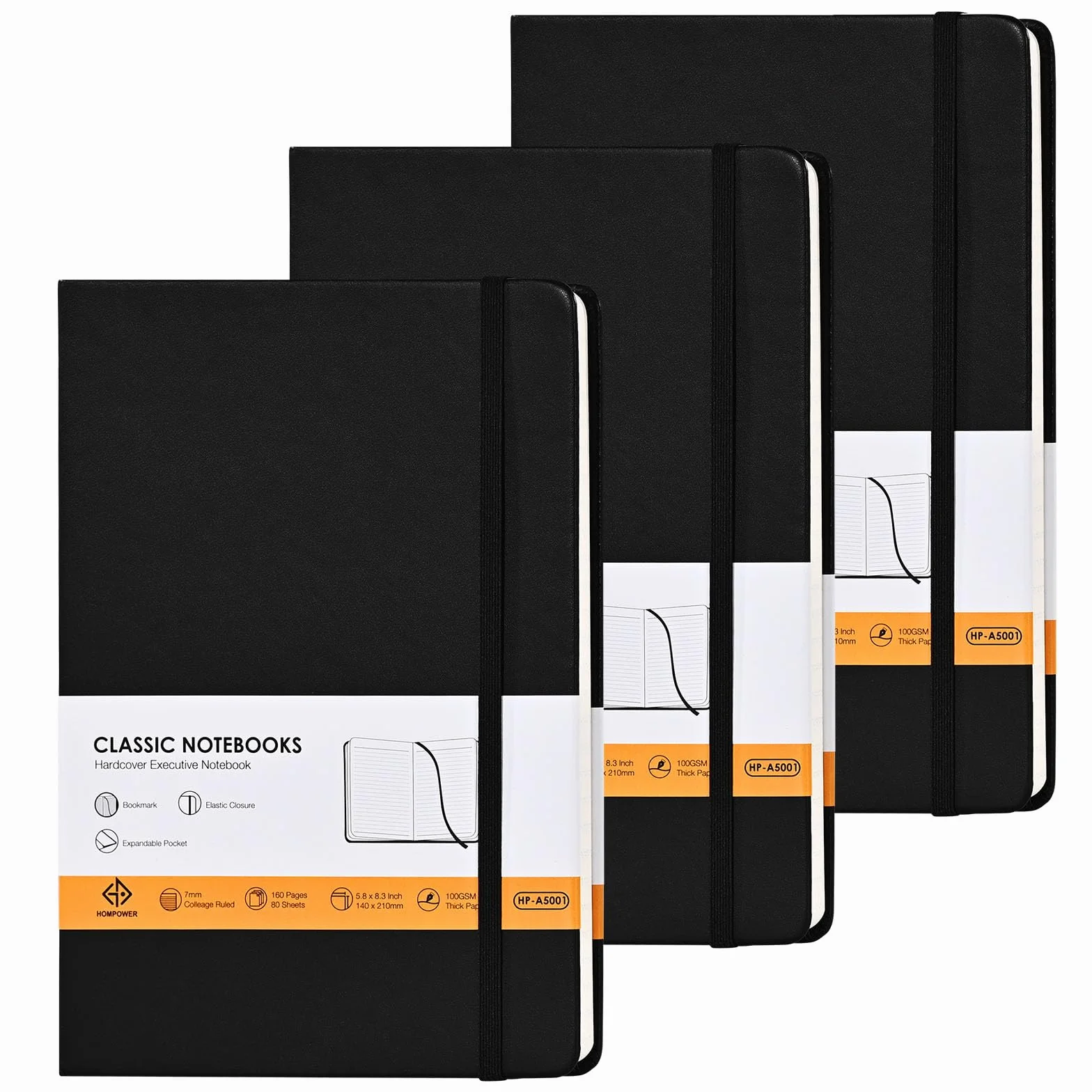Carnets de notes lignés A5 14 x 21 cm 160 pages papier 100 g/m² couverture rigide Noir Pack de 3