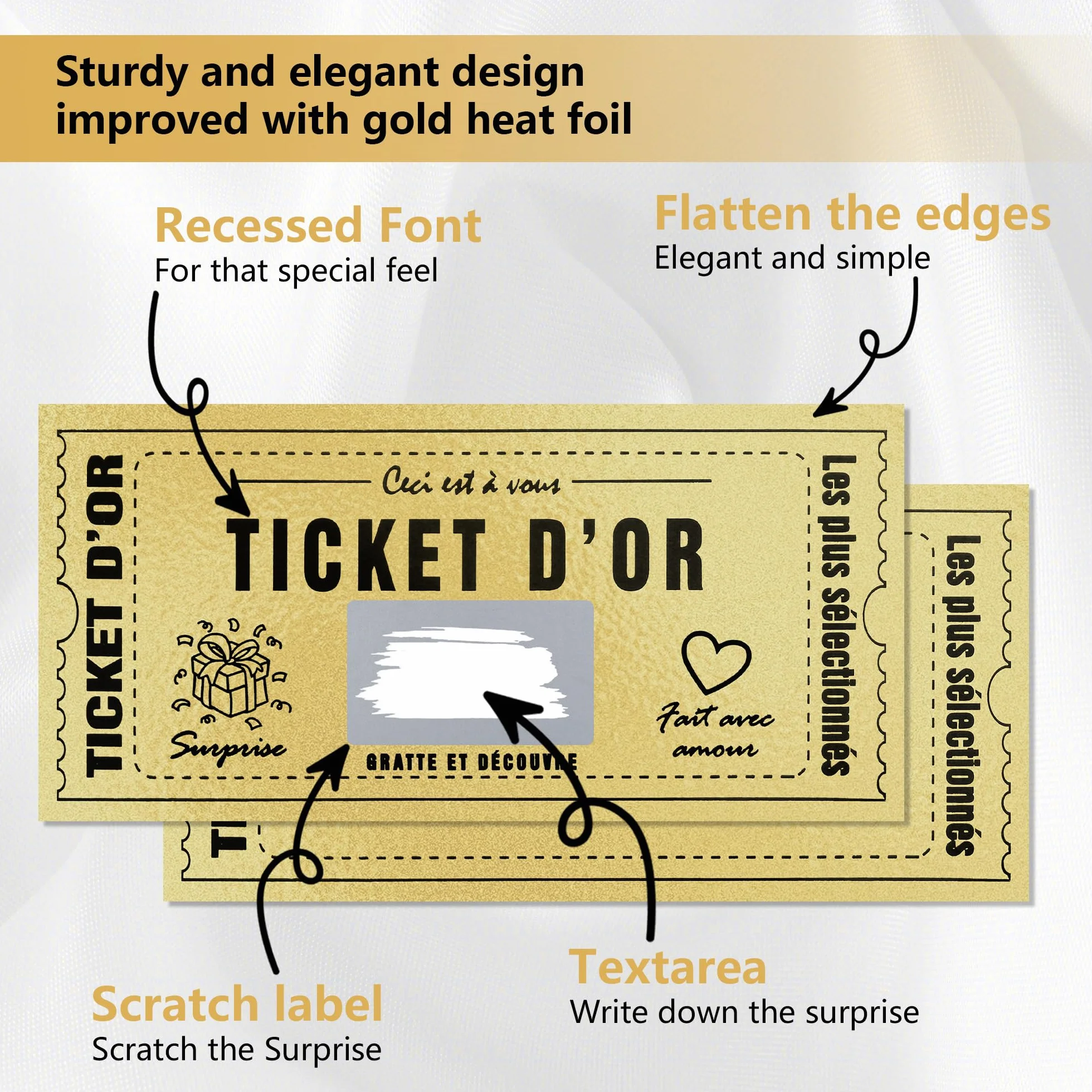 Carte à gratter Golden Ticket d'Or Personnalisable Cadeau Surprise Anniversaire Saint-Valentin