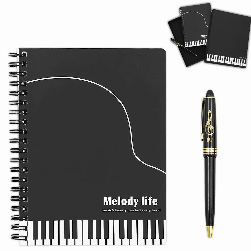 Piano Musical Papeterie Coffret Cadeau, Cahier d'écriture Wirebound avec Stylo Roller Ball Design Clef de Sol pour Bureau École Étudiant (Noir)