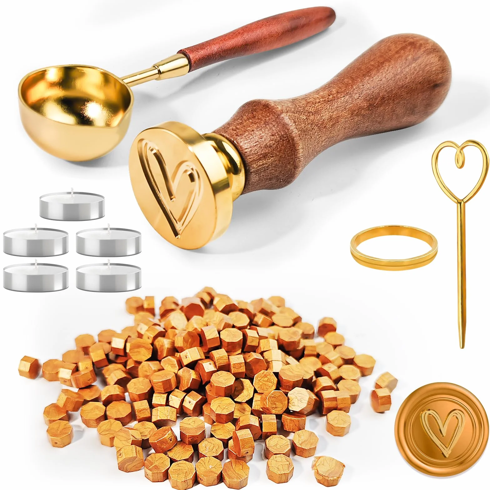 Lot de 200 perles de cire à cacheter or, joint octogonal, kit avec 5 bougies, cuillère et tampon