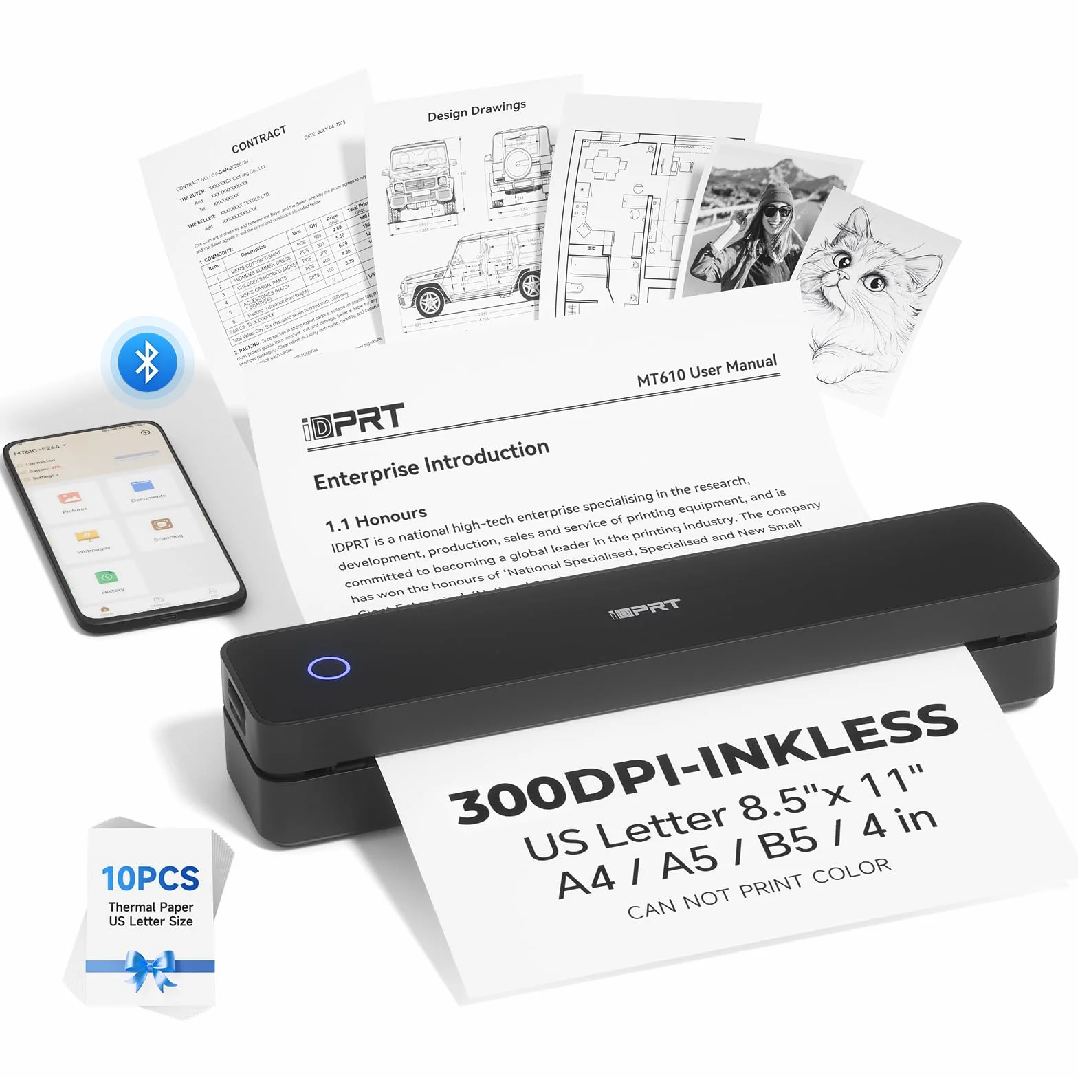 iDPRT Imprimante portable sans fil Bluetooth 21,6 x 27,9 cm compatible iOS Android ordinateur portable