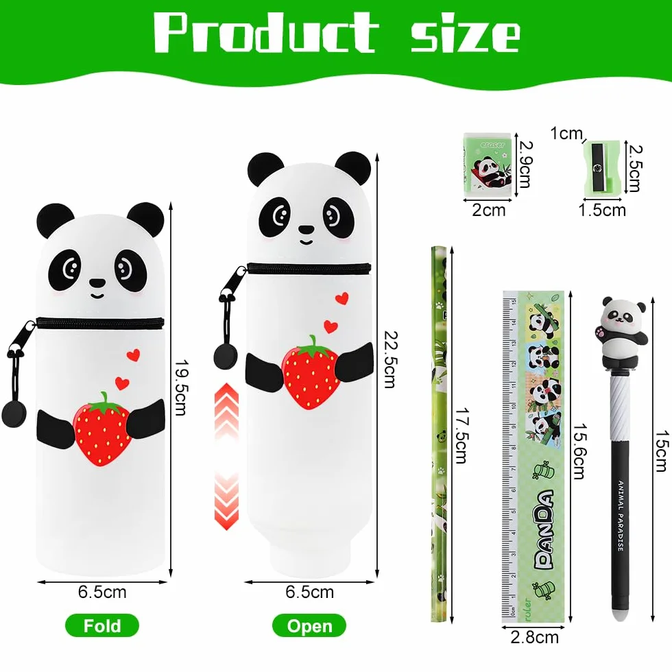 Trousse Silicone 2 en 1 Cartoon Stand Up réglable pour Enfants avec Stylos Gel - Panda Fraise