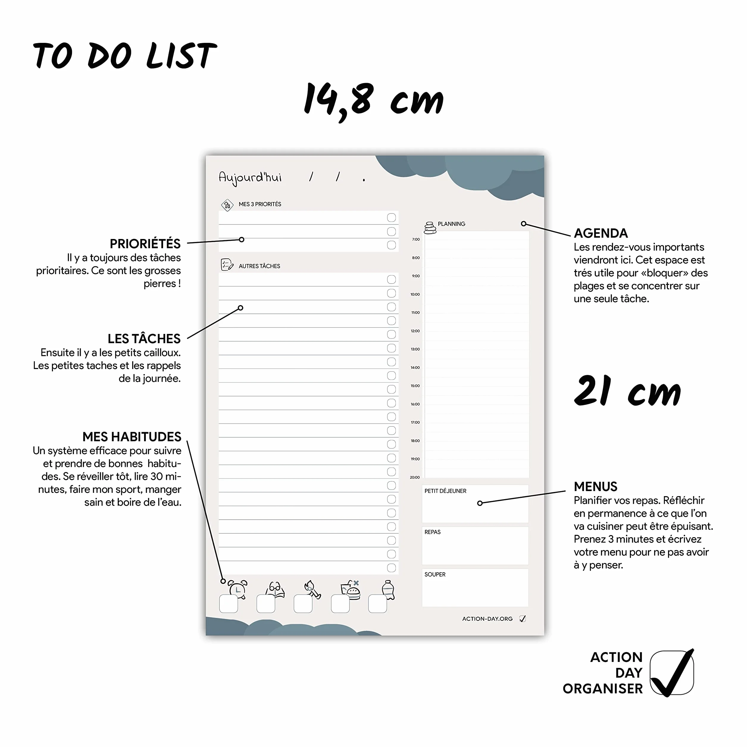 Action Day Organiser TO DO LIST Bloc-notes A5 Gestion des tâches Productivité