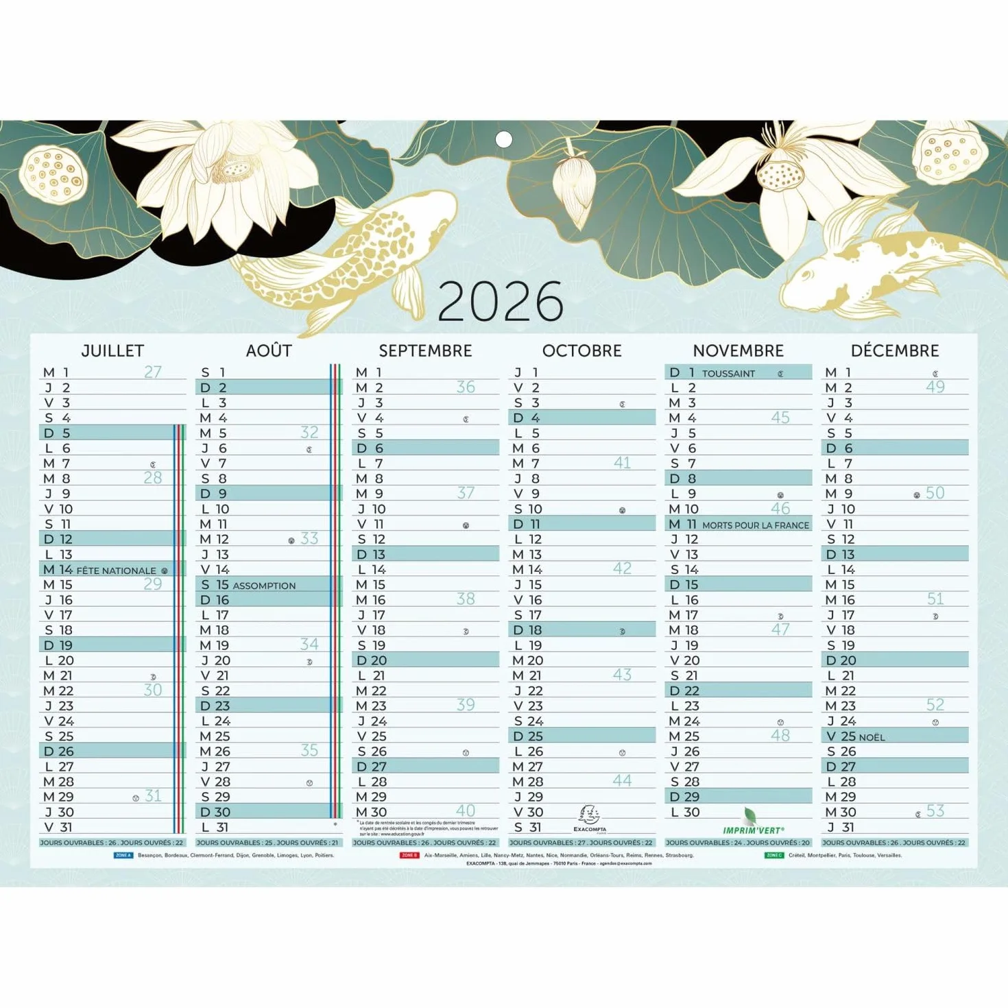 Exacompta Calendrier Japon 29.5 x 22 cm Semestriel 2026 Multicolore