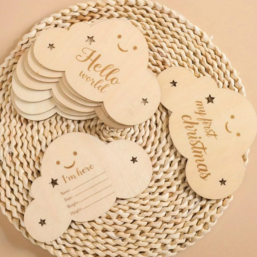 Cartes mensuelles en bois pour bébé - Motif nuage et étoile