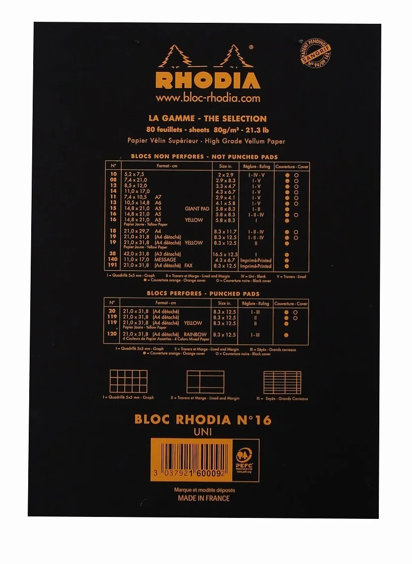 Rhodia Bloc-Notes Agrafé N°16 A5 14,8 x 21 cm 80 Feuillets Papier Clairefontaine 80 g/m² Couverture Souple Imperméable