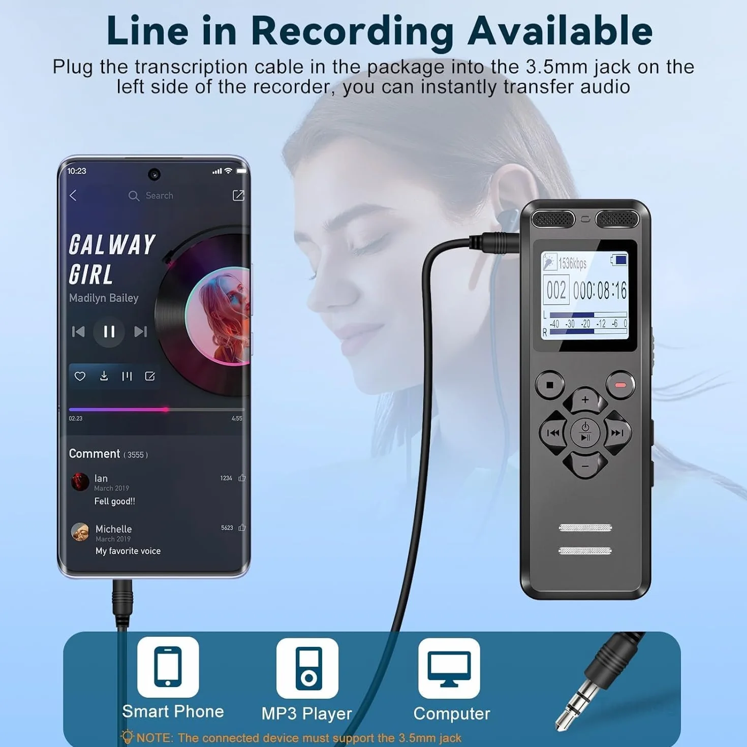 Tonnlog Enregistreur Vocal Numérique 16GB 1536kbps Activation Vocale USB-C