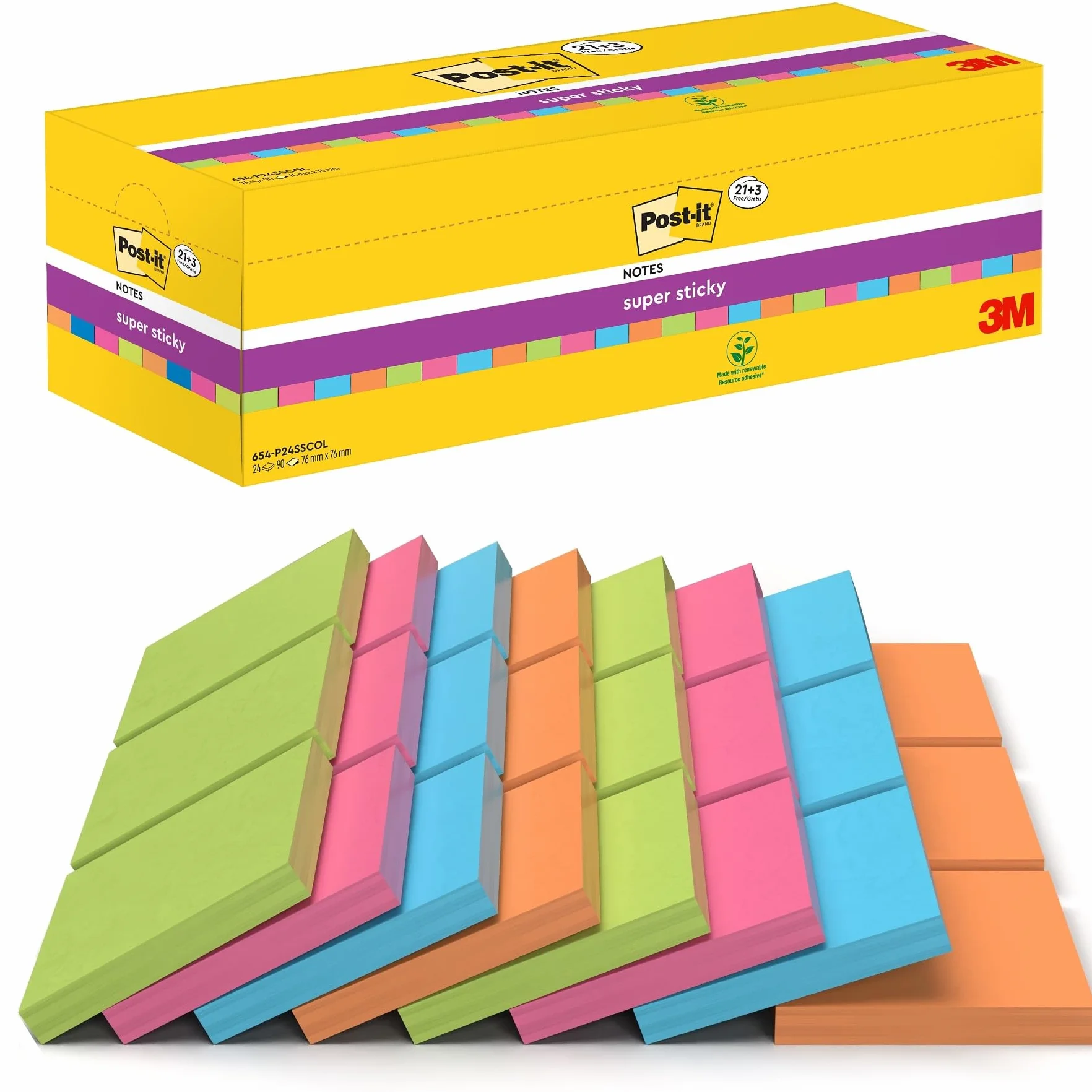 Post-it Super Sticky Notes, Couleurs Assorties, Pack de 24, 90 Feuilles, 76 mm x 76 mm, Vert, Rose, Bleu, Orange