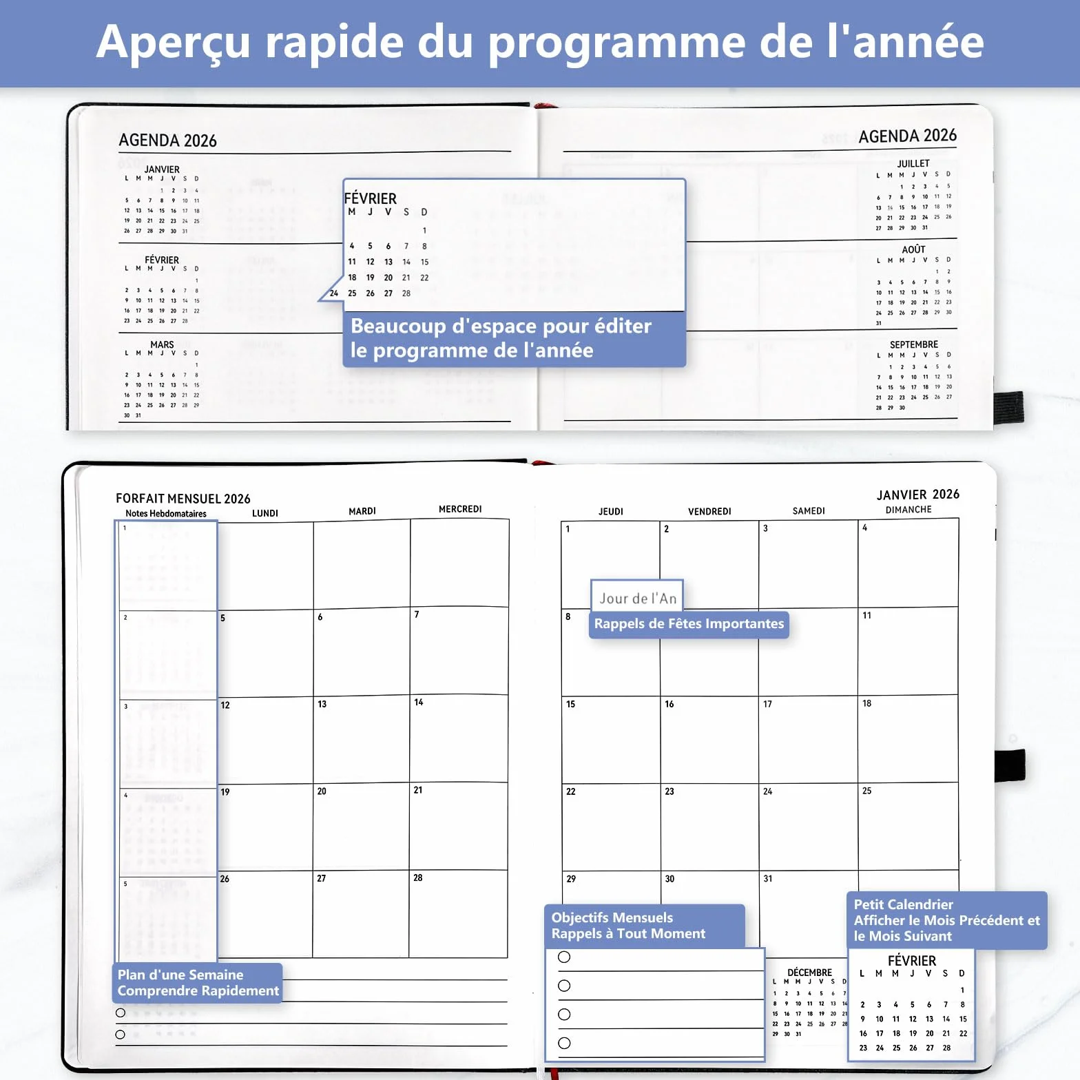 Agenda 2026 Semainier A4 Français Noir, Weekly Planner Horizontal Organiseur Hebdomadaire Professionnel Grand Format