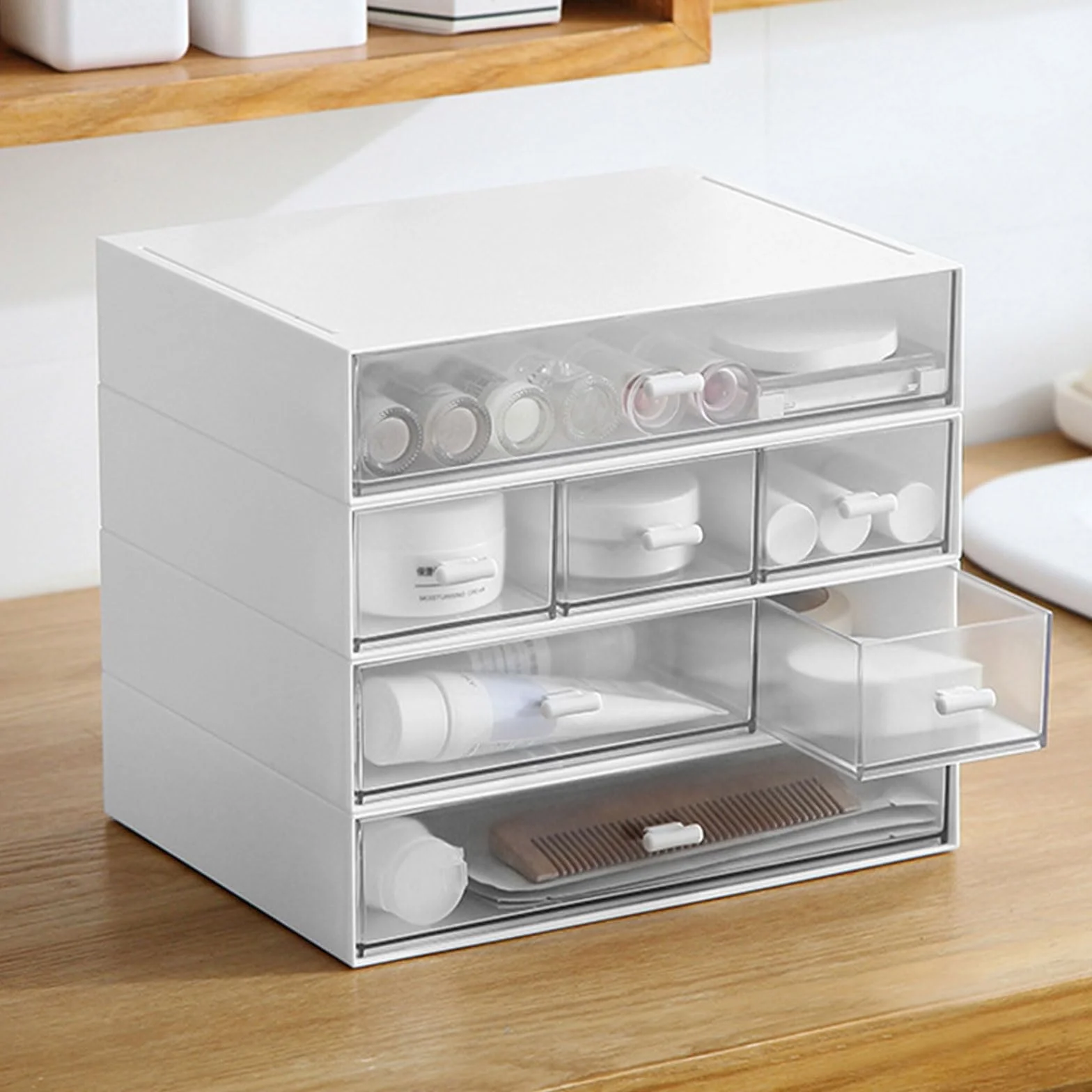 Organiseur de bureau empilable 9 tiroirs 4 niveaux rangement plastique blanc maquillage bijoux fournitures stylos