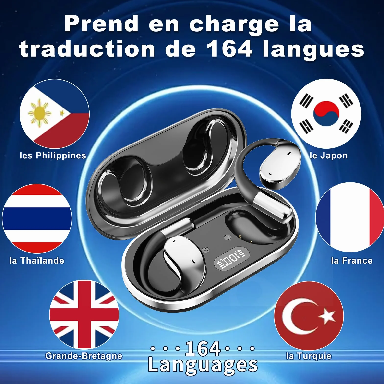 AI Ecouteur Traducteur Vocal Instantané 60H Bluetooth 5.4 Ecouteurs sans Fil Open Ear 164 Langues 3 en 1 Traduction Vocale