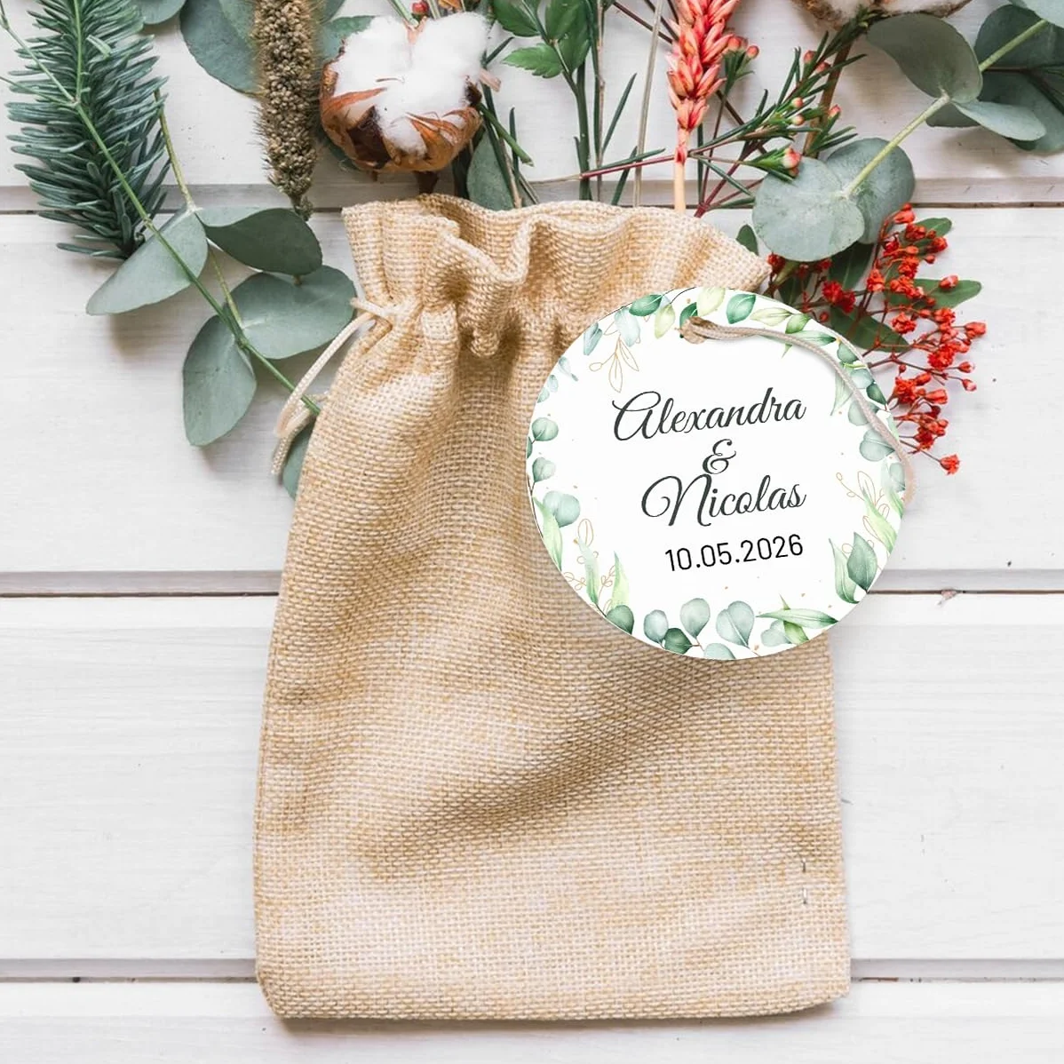 Étiquettes personnalisées rondes eucalyptus 3,7cm 4,5cm mariage baptême communion