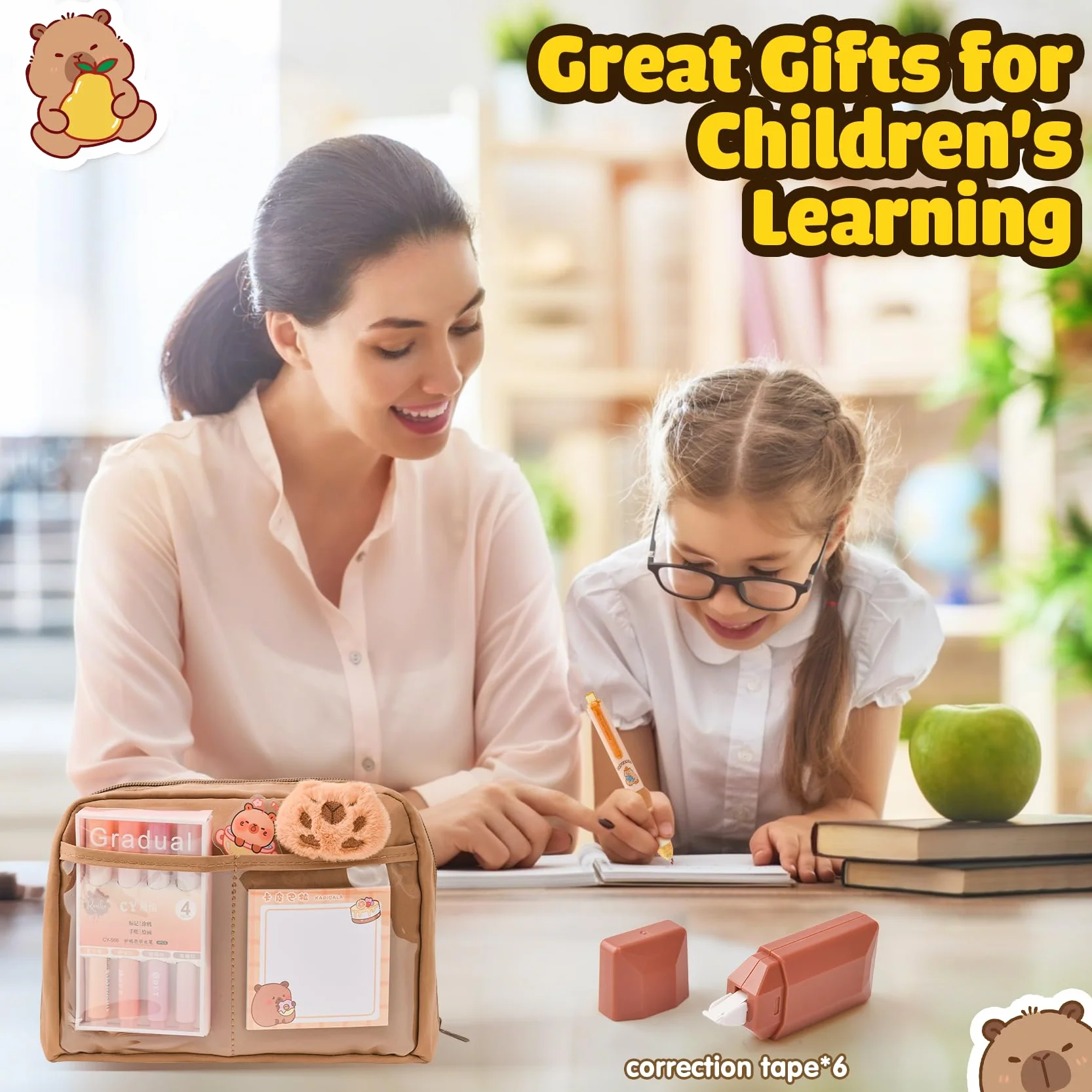 Kit de Fournitures Scolaires Capybara avec Trousse – Set Cadeau pour Enfants, Stylos, Règles