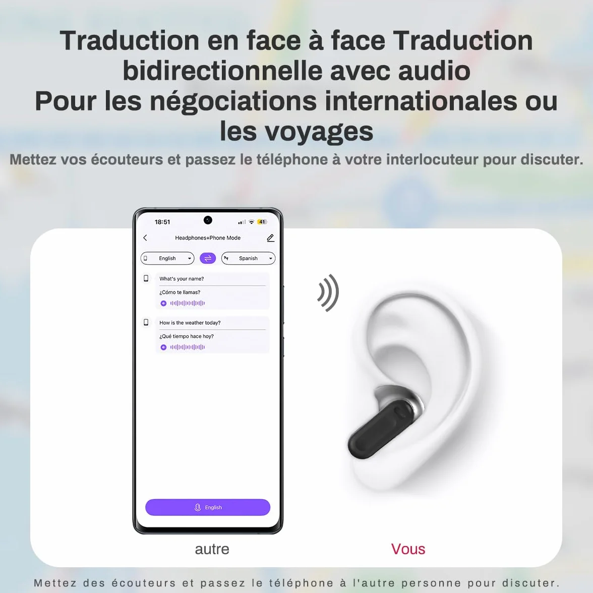 NE20 Ecouteur Traducteur Instantané IA 165 Langues 7 Modes Bluetooth 6.0 Écran Tactile Autonomie 60h