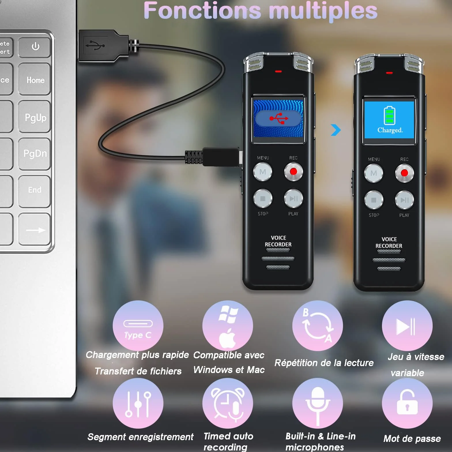 EVISTR Enregistreur numérique de Voix 128GB - Enregistreur Audio à Commande vocale avec réduction du Bruit - Dictaphone Dual MIC Rechargeable