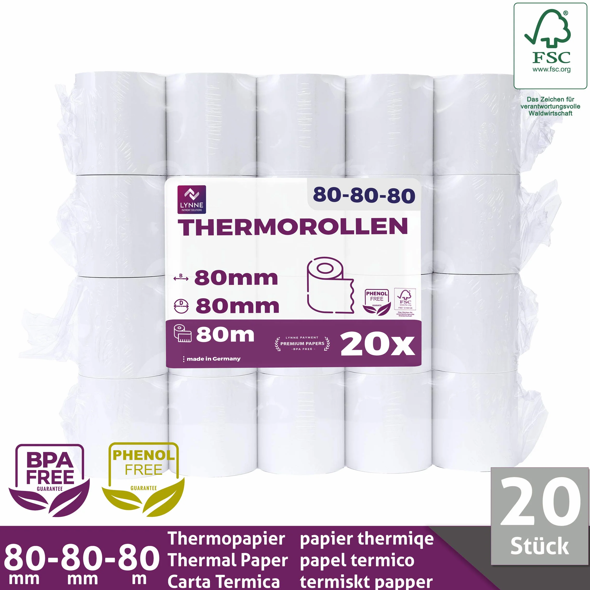 Rouleau Thermique 80x80x12 Bobine 80x80 pour Imprimante Thermique 80mm x 80m x 12mm Sans BPA