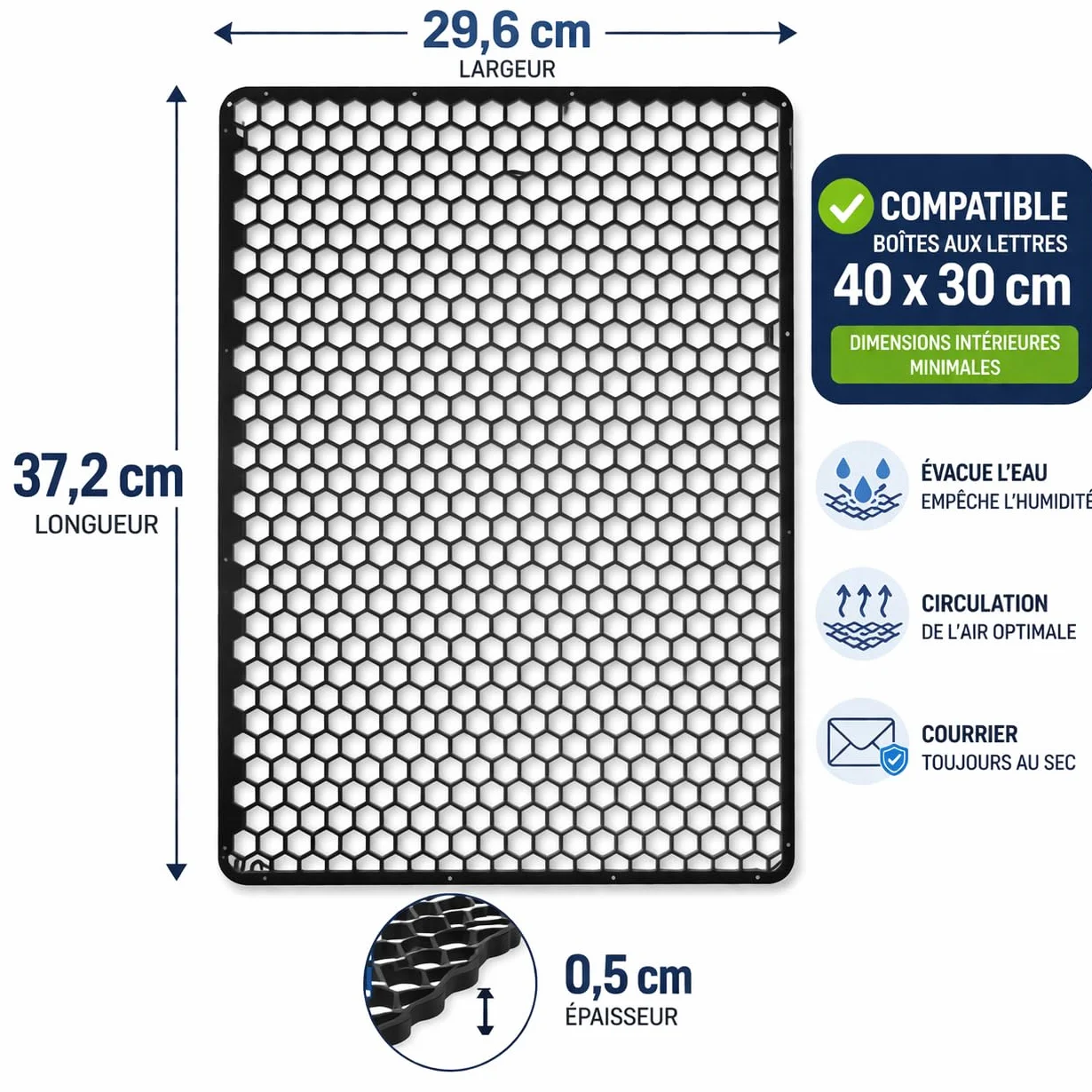 Tapis Anti-Humidité pour Boîte aux Lettres XL 37,2 x 29,6 cm Grille Alvéolée Drainante