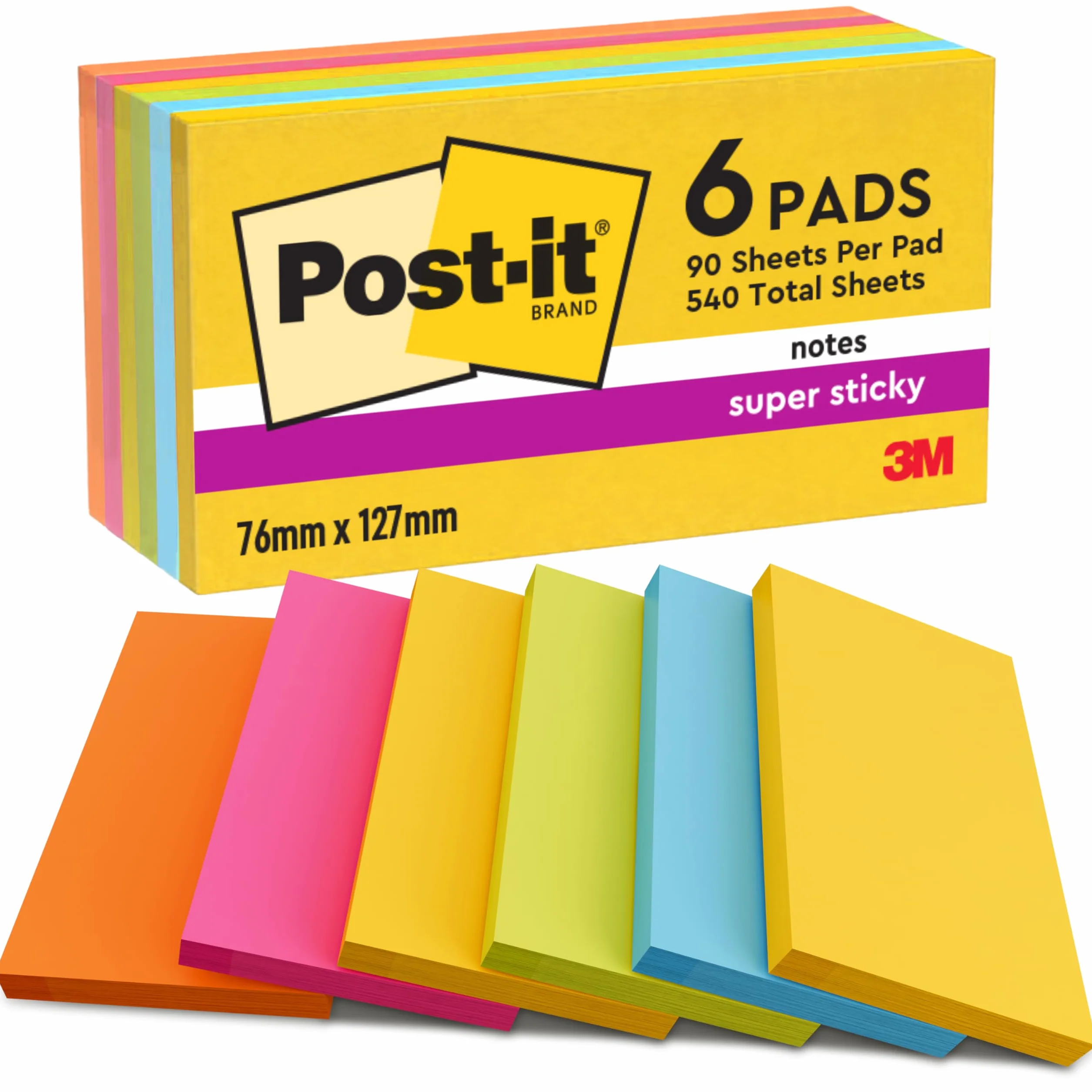 Post-it Super Sticky Notes, Carnival Colors, 6-Pack, 90 Sheets per Pad, 76 mm x 127 mm, Assorted