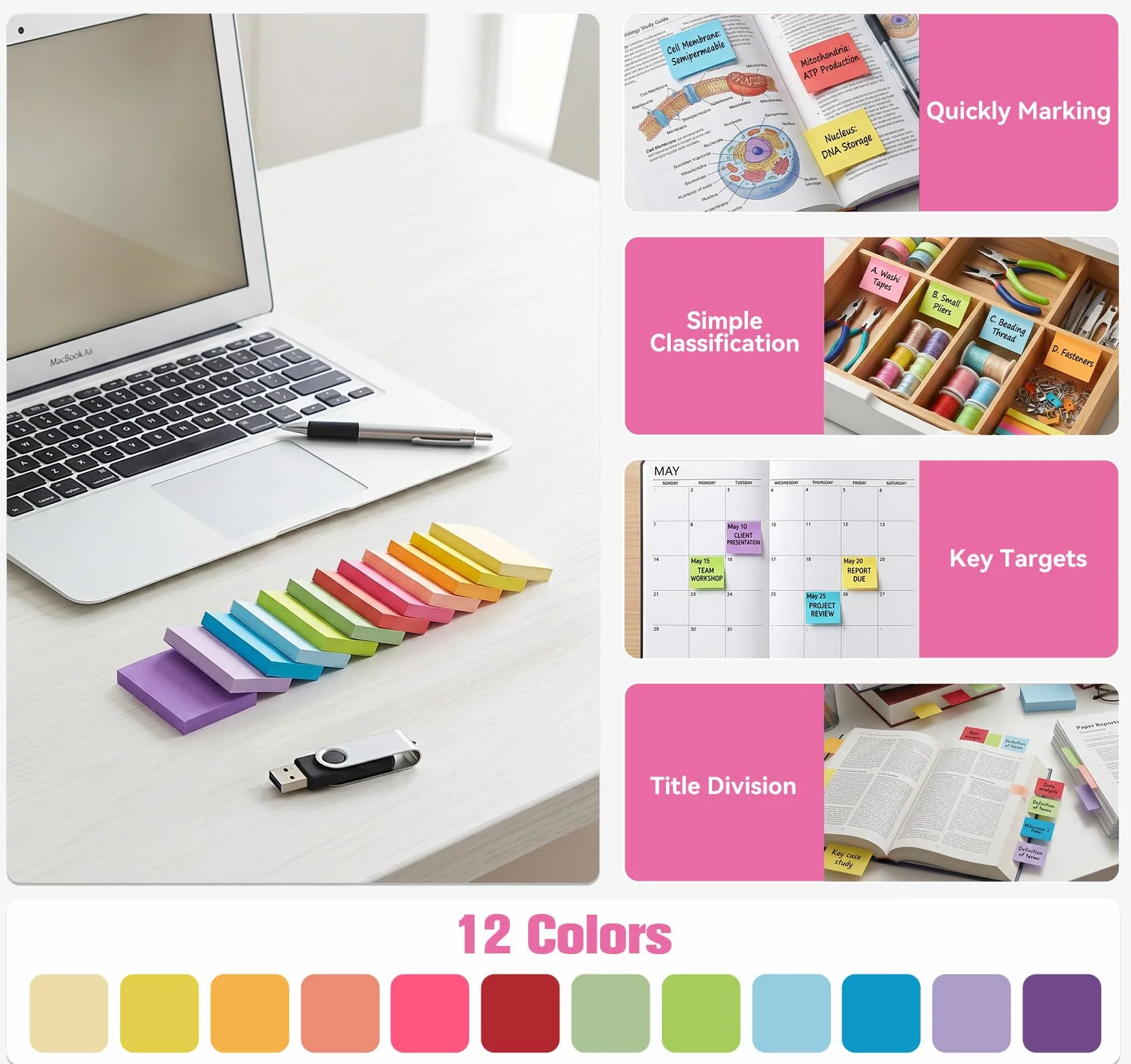 Agoer 1200 Feuillets Notes Super Sticky Notes, 50 x 38mm, 12 Couleurs, 12 Blocs, Mini Notes Adhésives Réutilisables pour Bureau