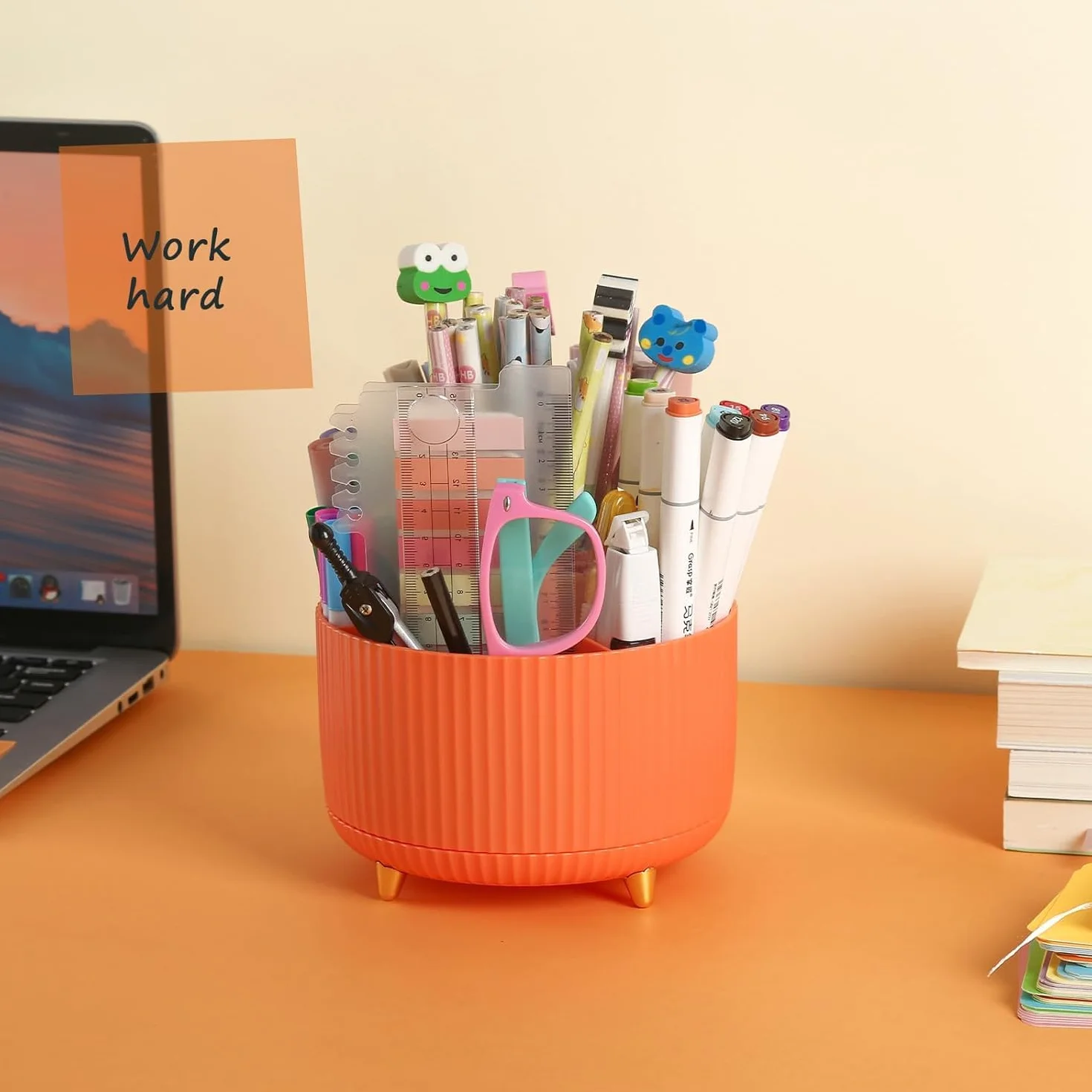 Support Rotatif à 360° pour Bureau, Pot à Crayon 5 Compartiments, Rangement Stylo (Blanc + Vert)