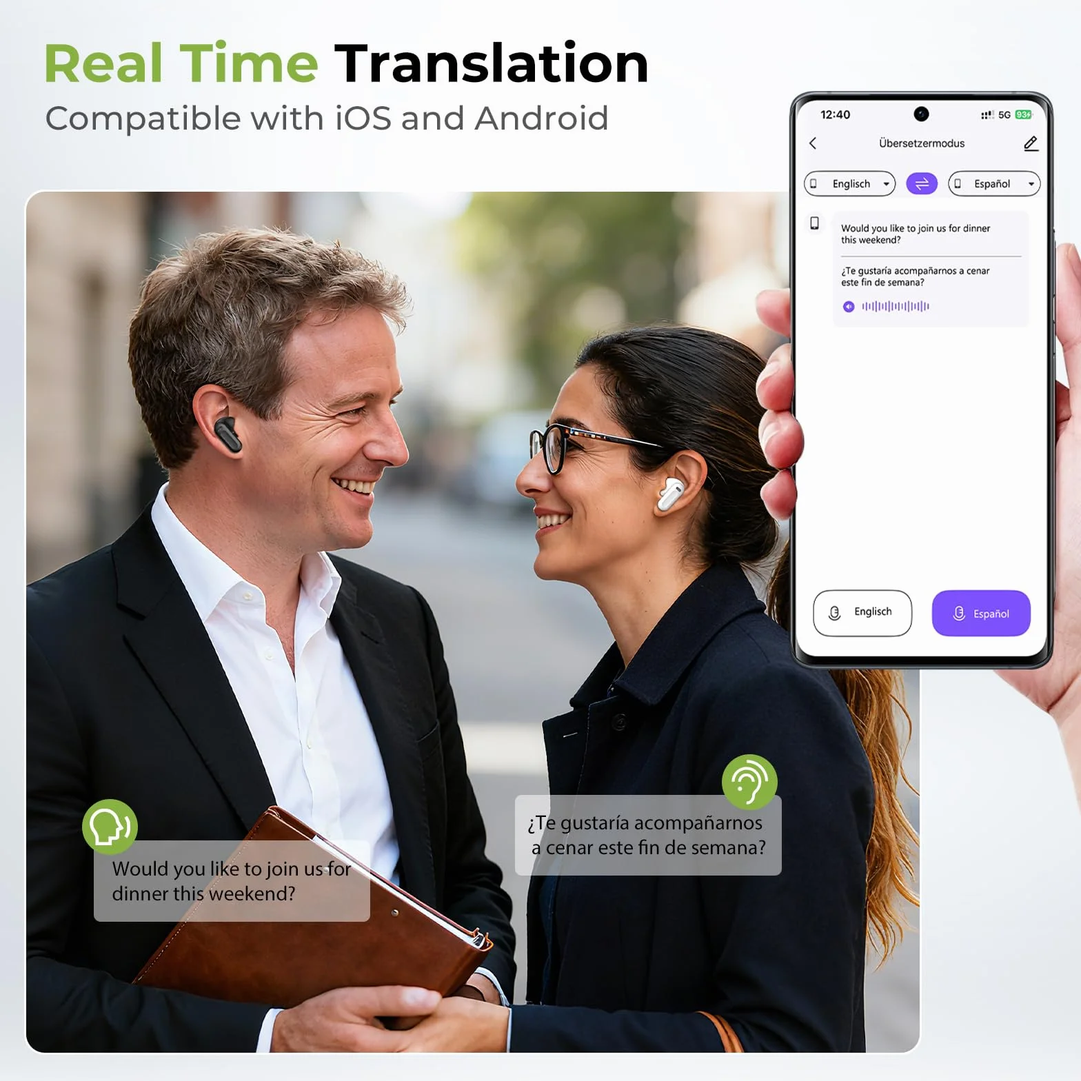 BEARTAIN NE20 Écouteurs Traduction AI Temps Réel avec Écran Tactile 135 Langues iOS Android
