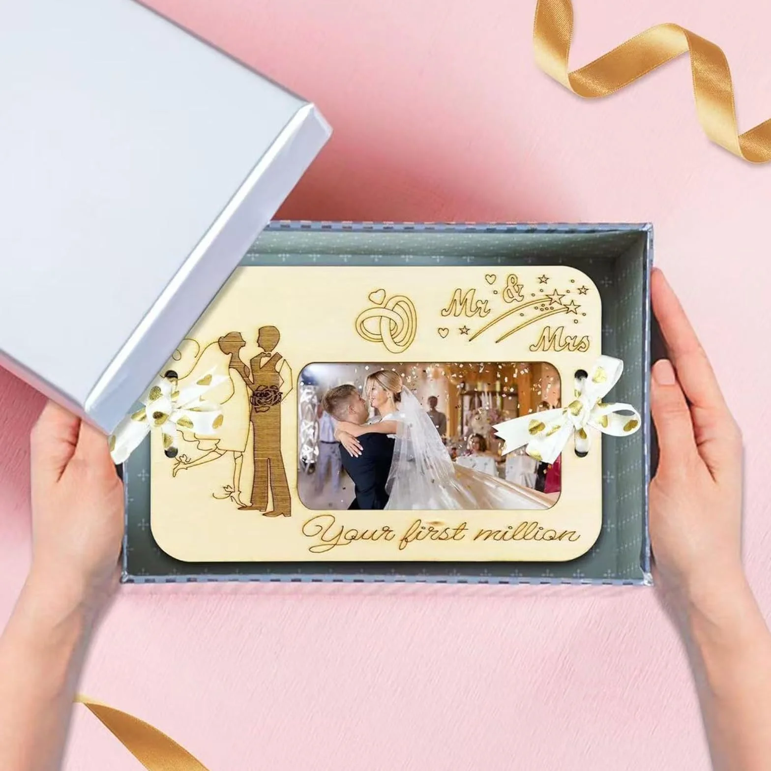 Carte Mariage Félicitation en Bois, Cadre Photo d'Argent, Cadeau Mariage pour Couple