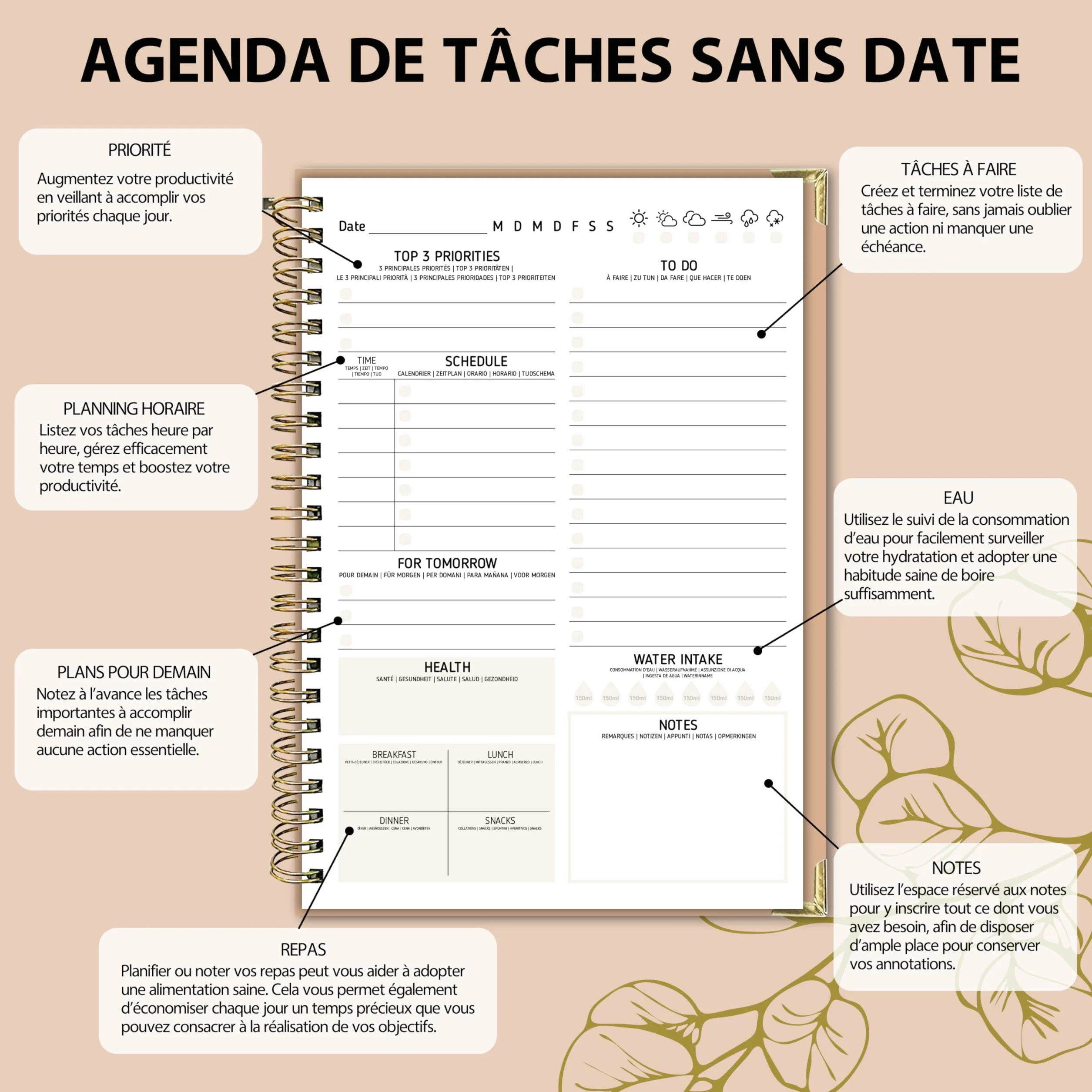 BIROYAL Agenda Journalier Non Daté A5, To Do List Bloc Note, Daily Planner 60 Pages (120 Feuillets), Planificateur