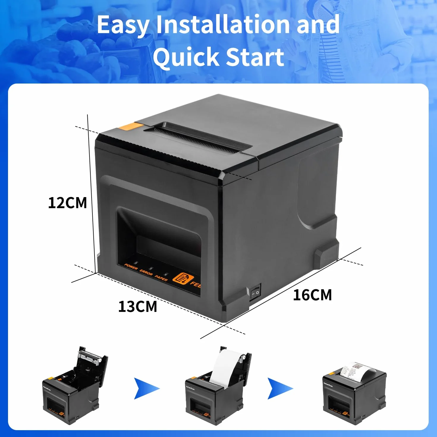 NetumScan Imprimante de reçus POS 80mm Thermique USB 300mm/s Coupe Automatique