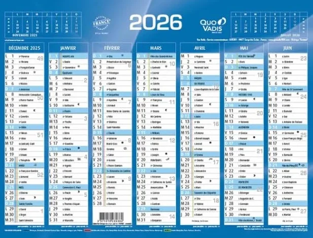 Quo Vadis Calendrier de Banque Bleu Janvier 2026 Décembre 2026 13,5 x 18 cm