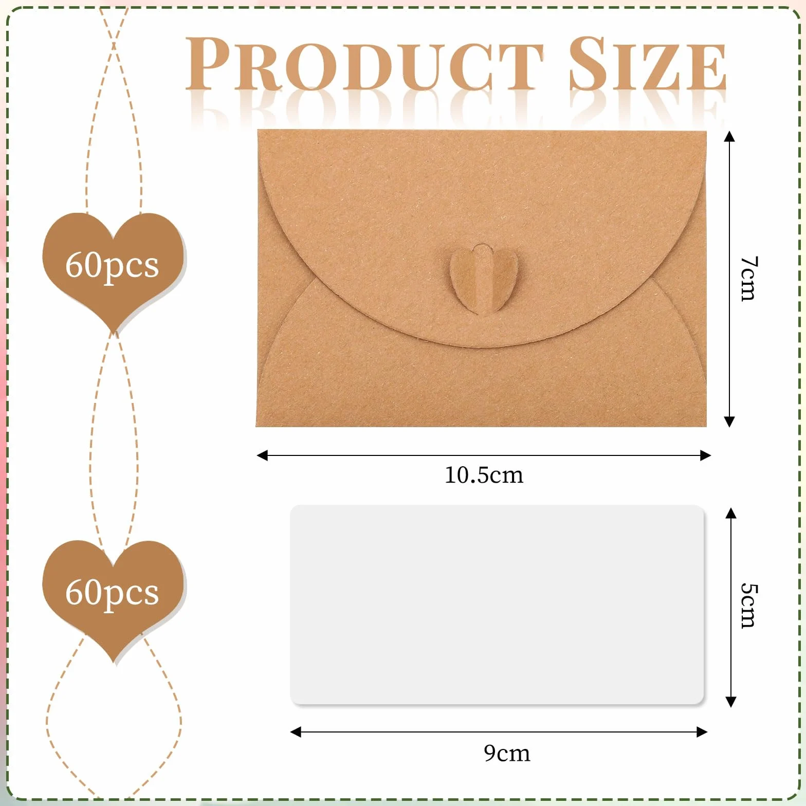 60 Pièces Mini Enveloppe Kraft 10.5×7cm Avec Cartes Vierges Fermeture Coeur Pour Cartes Cadeaux