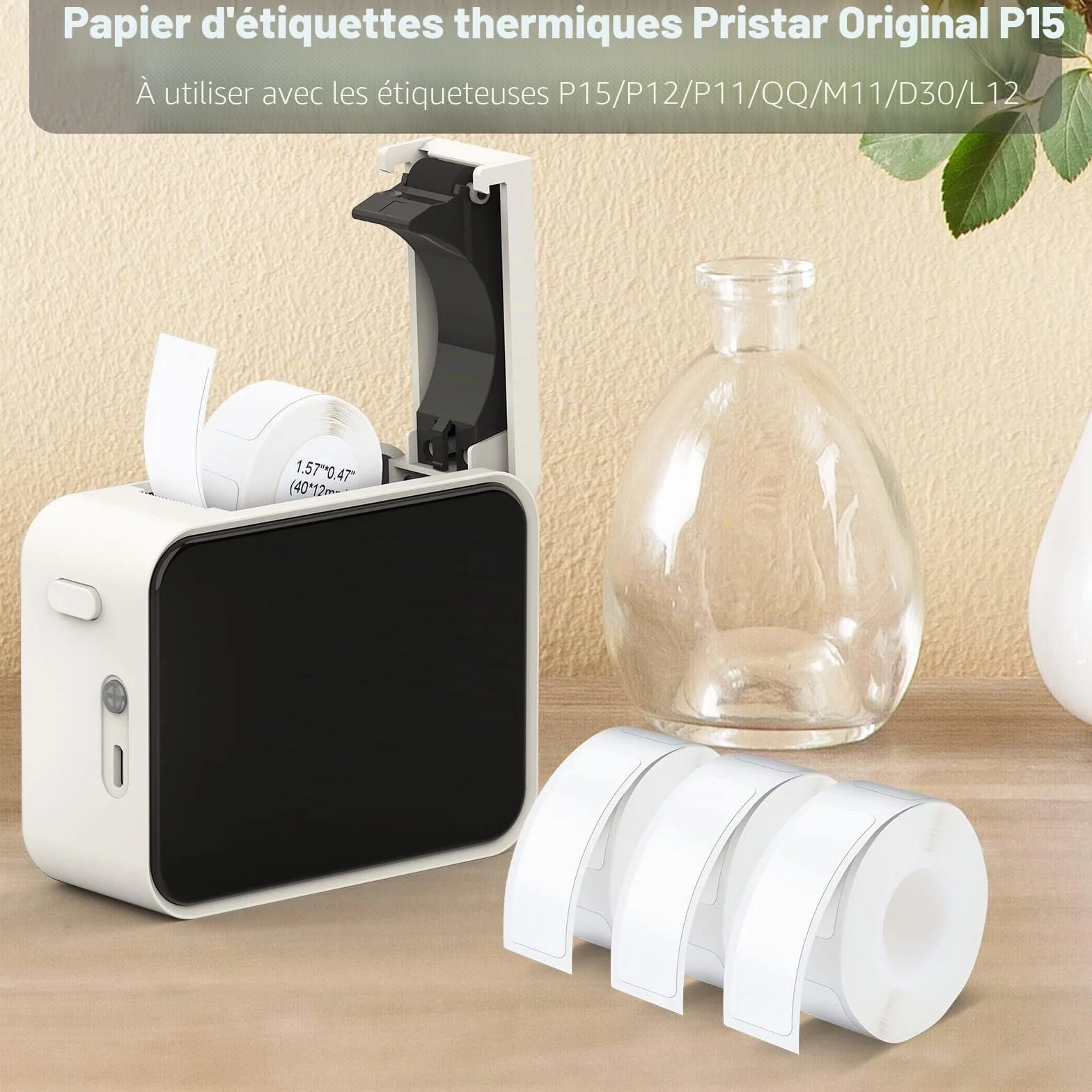 Pristar P15 ruban d'étiquettes thermiques autocollantes 12mm*40mm blanc 160 étiquettes/rouleau