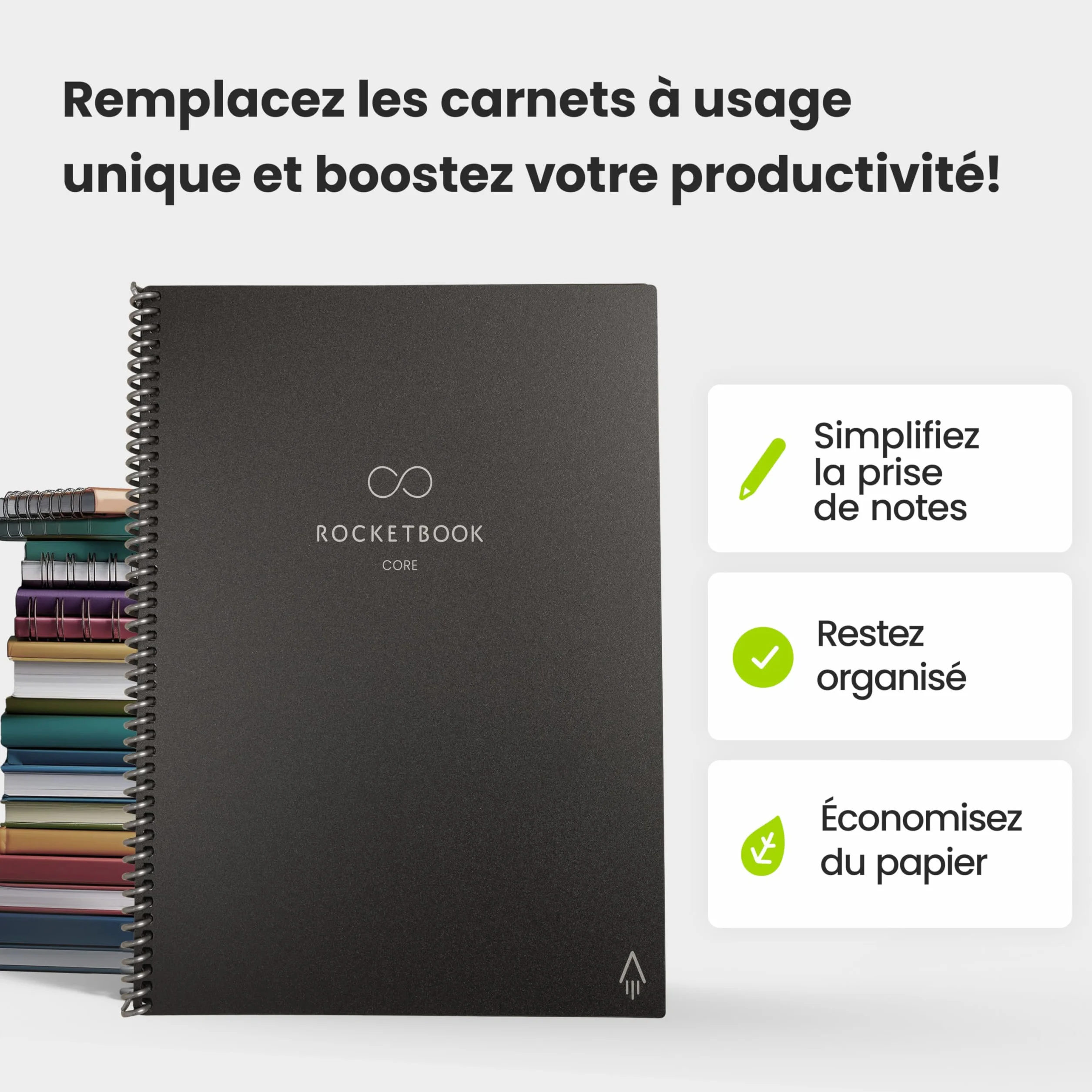 Rocketbook Core Carnet de Notes Réutilisable Taille Letter 21 cm x 29,7 cm Noir Pointillé Connecté à l'Application Effaçable