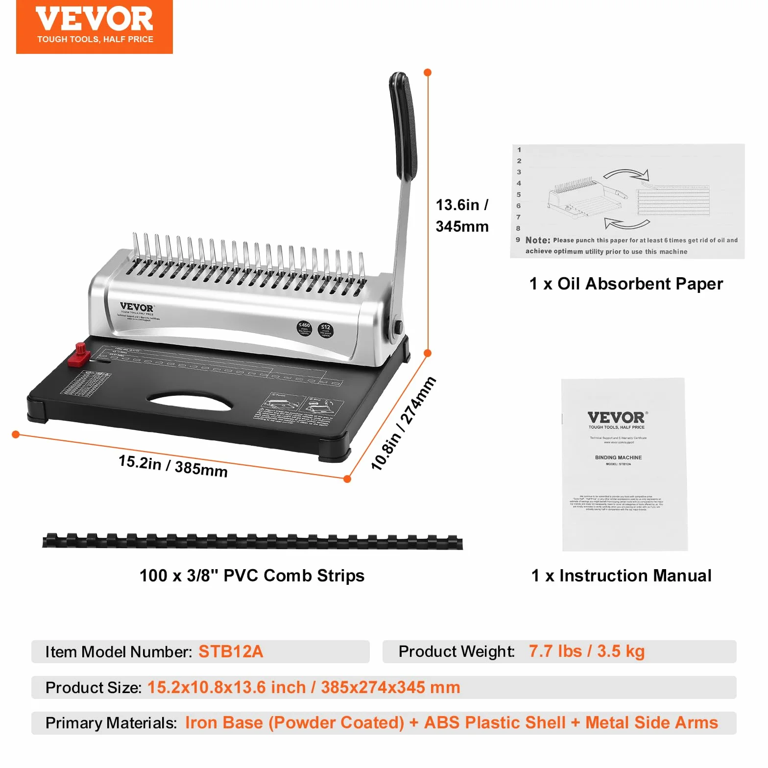VEVOR Machine à relier à peigne 21 trous 450 feuilles 3/8'' pour A4 A5 lettre