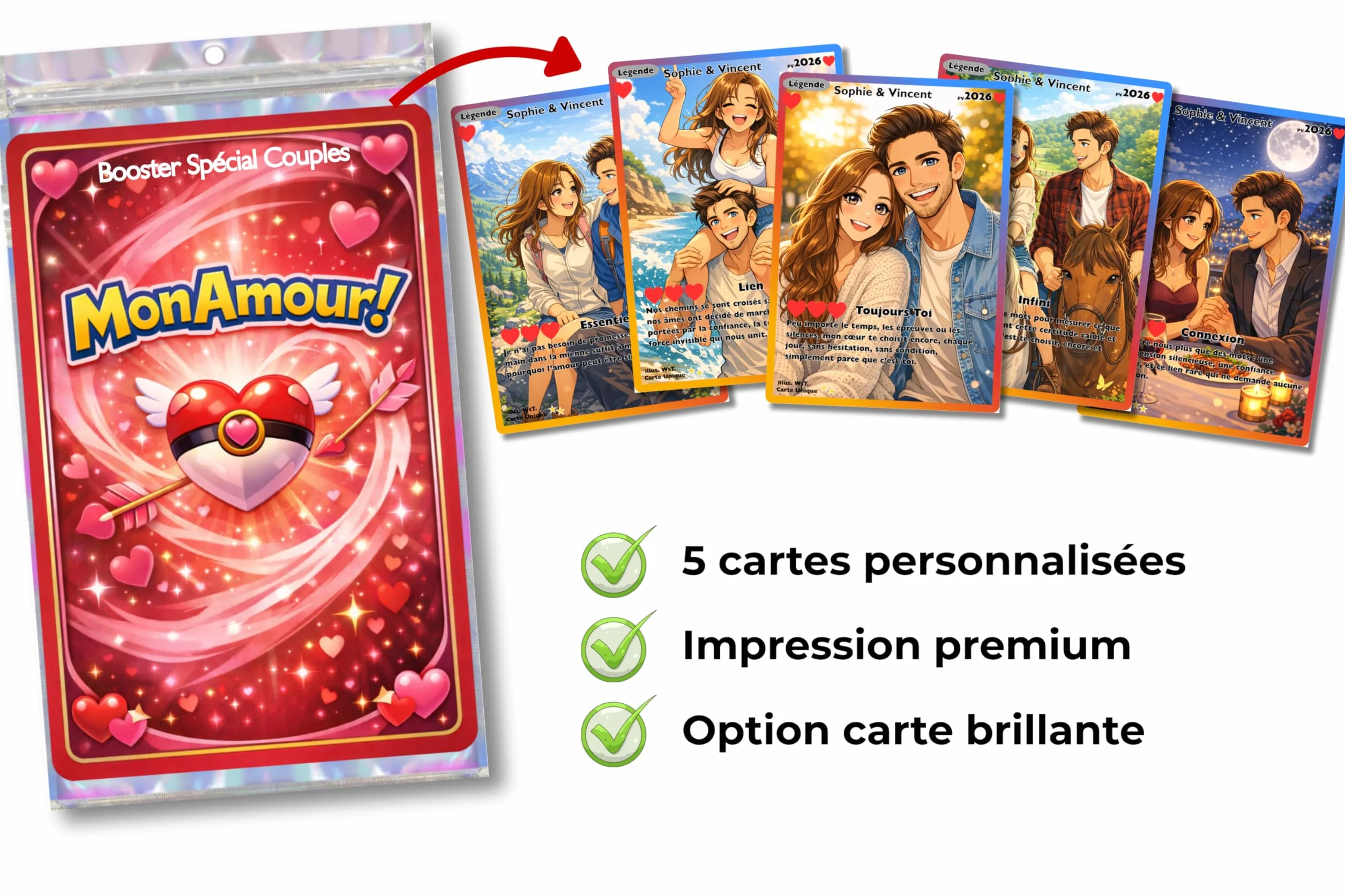 Booster Spécial Couples – 5 Cartes Photo Style Jeu à Collectionner – Cadeau Anniversaire Original
