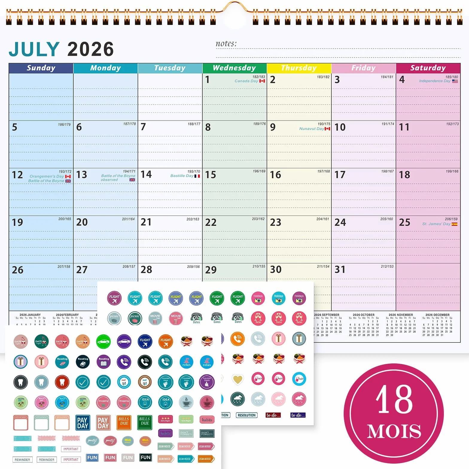Calendrier Familial Juillet 2026 à Décembre 2027, A4 Mural Mensuel Bureau, Agenda Planning Organisateur avec Bobine, Autocollants