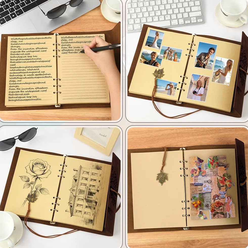 Carnet De Voyage A5 Cuir Synthétique Rechargeable Spirales Papier Kraft Ligné Pendentifs Vintage Journal Intime