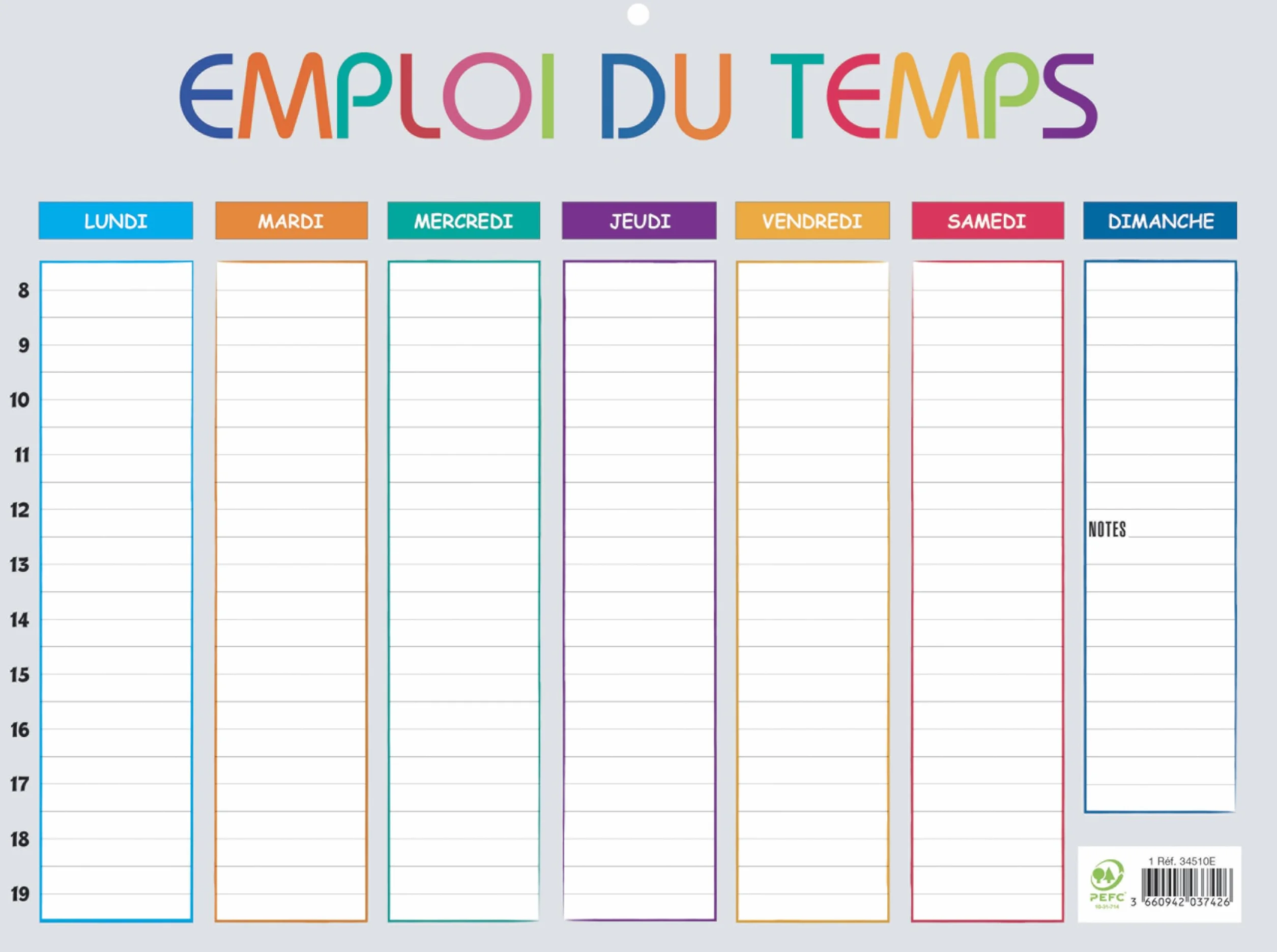 Exacompta Emploi du temps Multicolore 29,5x22cm lundi au dimanche 8h-19h