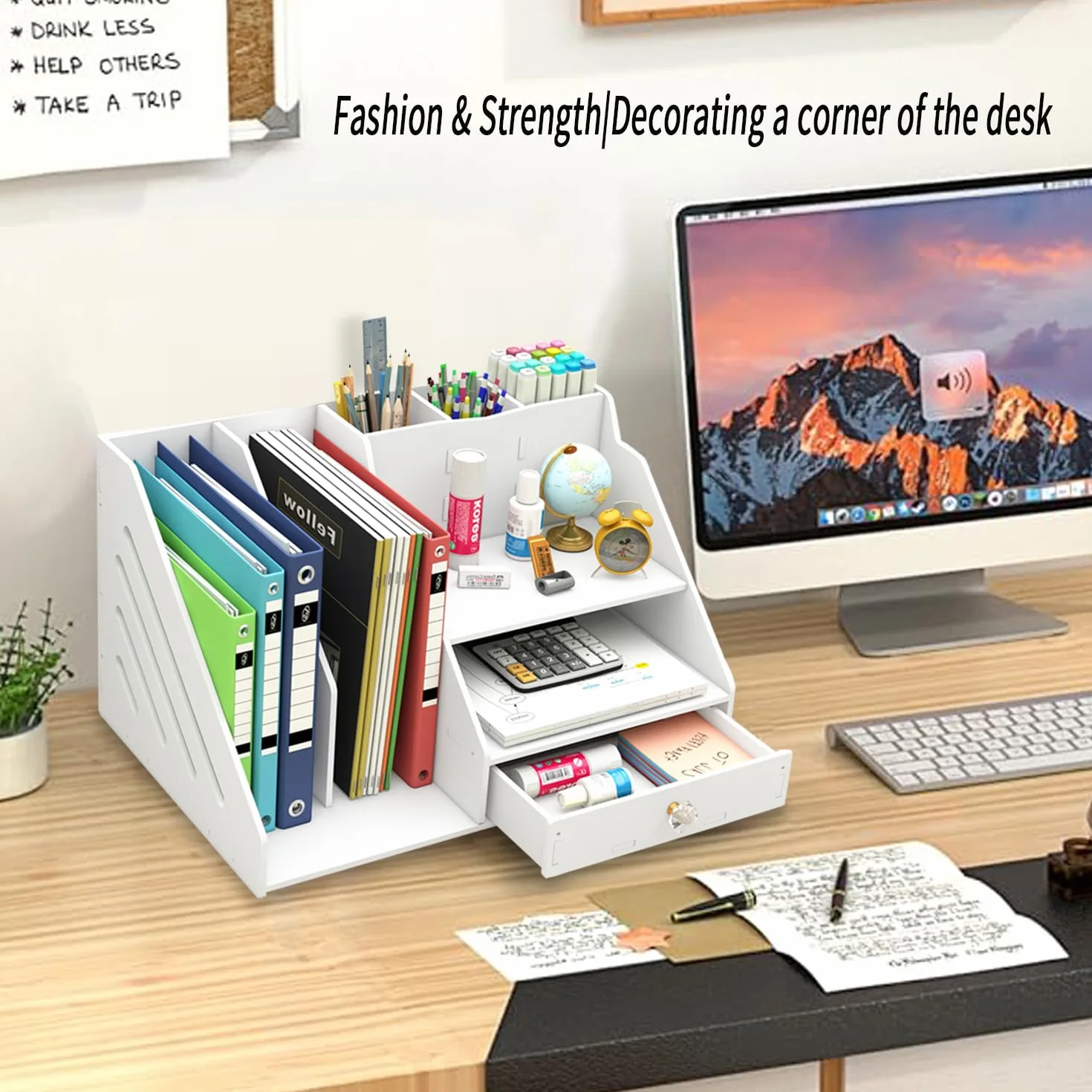Bureau Organisateur avec Porte Documents et Tiroir, Rangement Blanc 3 Porte Stylos