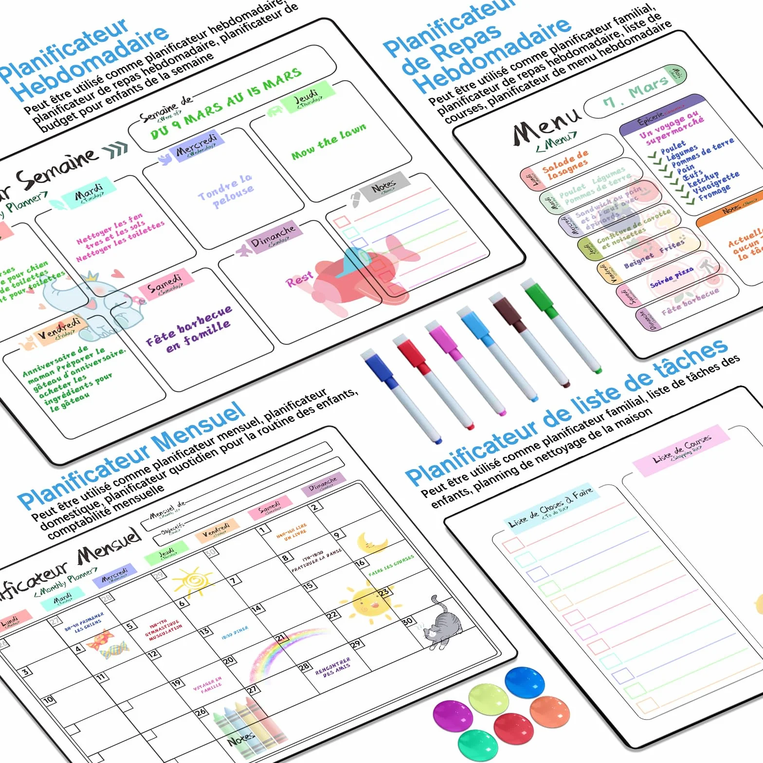 Calendrier Magnetique Frigo 4 Pièces Planificateurs Mensuels Magnétiques Effaçables Tableau Menu Semaine Liste de Courses
