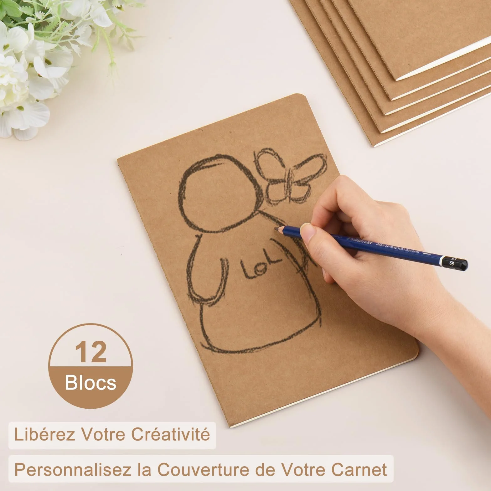 Cahiers Lignés Kraft 60 Pages par Bloc, Lot de 12 Blocs Carnet de Notes 80 gsm