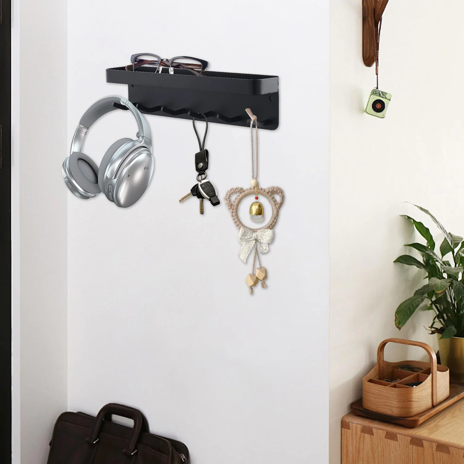 Porte-clés Mural Lot de 2 avec 6 Crochets Magnétique et Adhésif 24,5 cm Noir Rangement