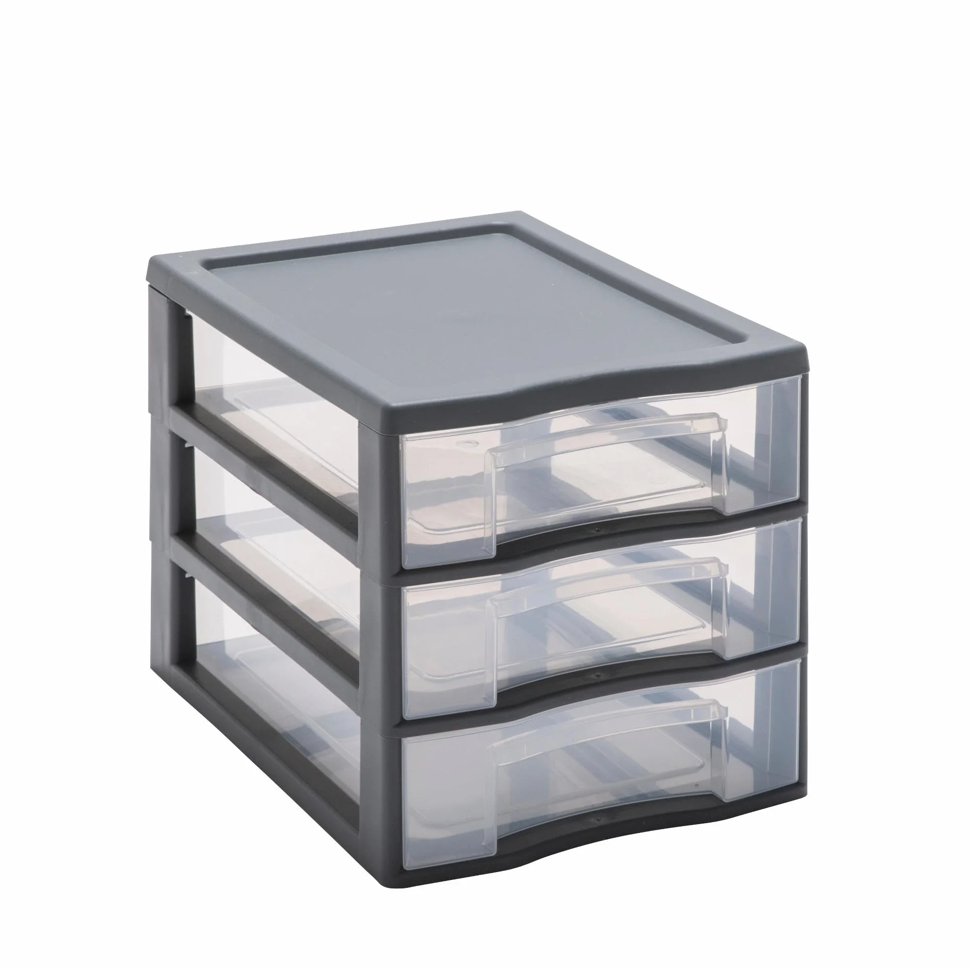 SUNDIS Tag Tower, petite tour de rangement en plastique gris, 3 tiroirs transparents format A4, hauteur 25,5 cm, superposable