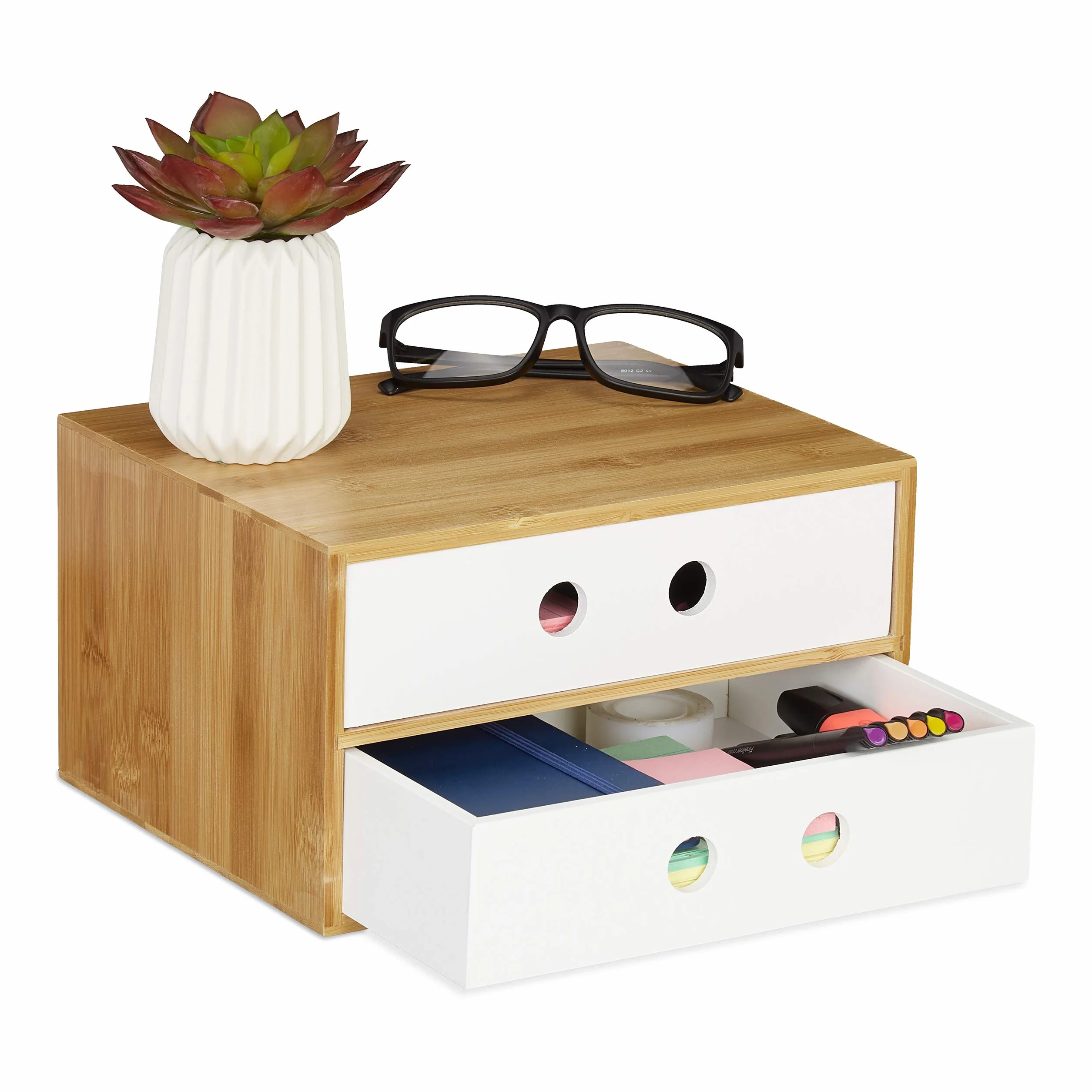 Relaxdays Organiseur de Bureau 2 Tiroirs Bambou MDF Rangement HLP 14 x 25 x 20 cm Blanc