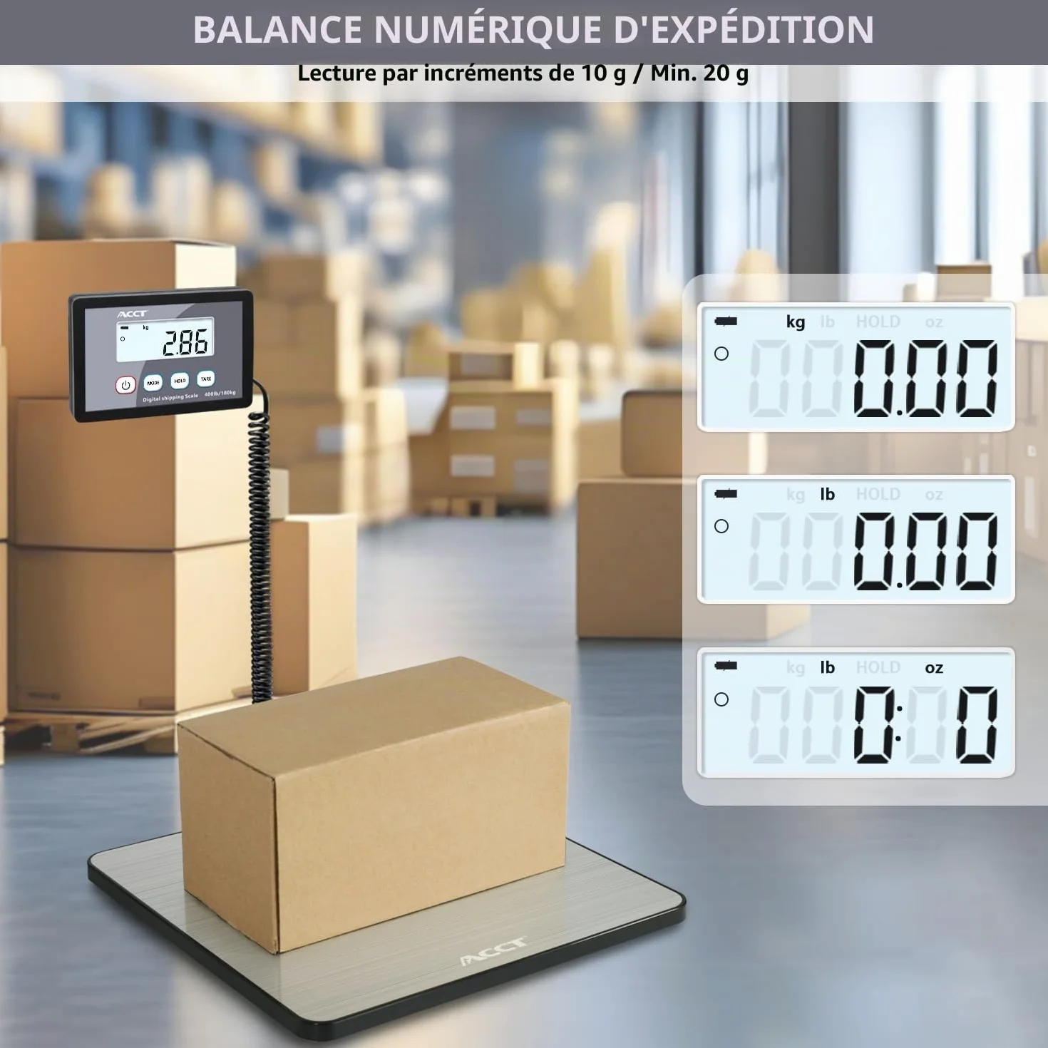 Balance Colis ACCT 400 lb/180 kg Balance Postale Numérique avec Hold/Tare Pese Colis Piles et Câble USB Inclus