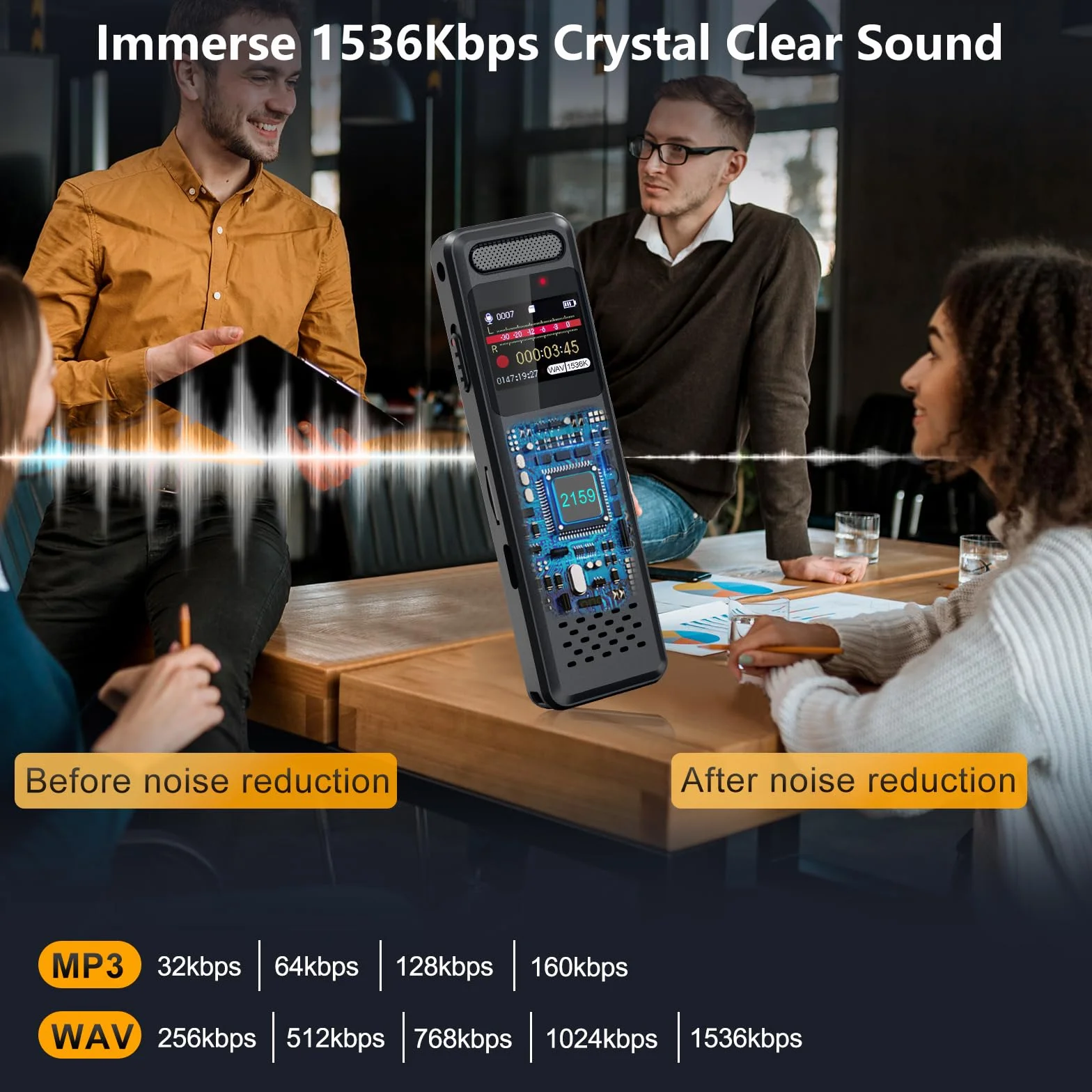 Ponovo Enregistreur Vocal Numérique 16Go 100H 1536Kbps Activation Vocale 1100mAh