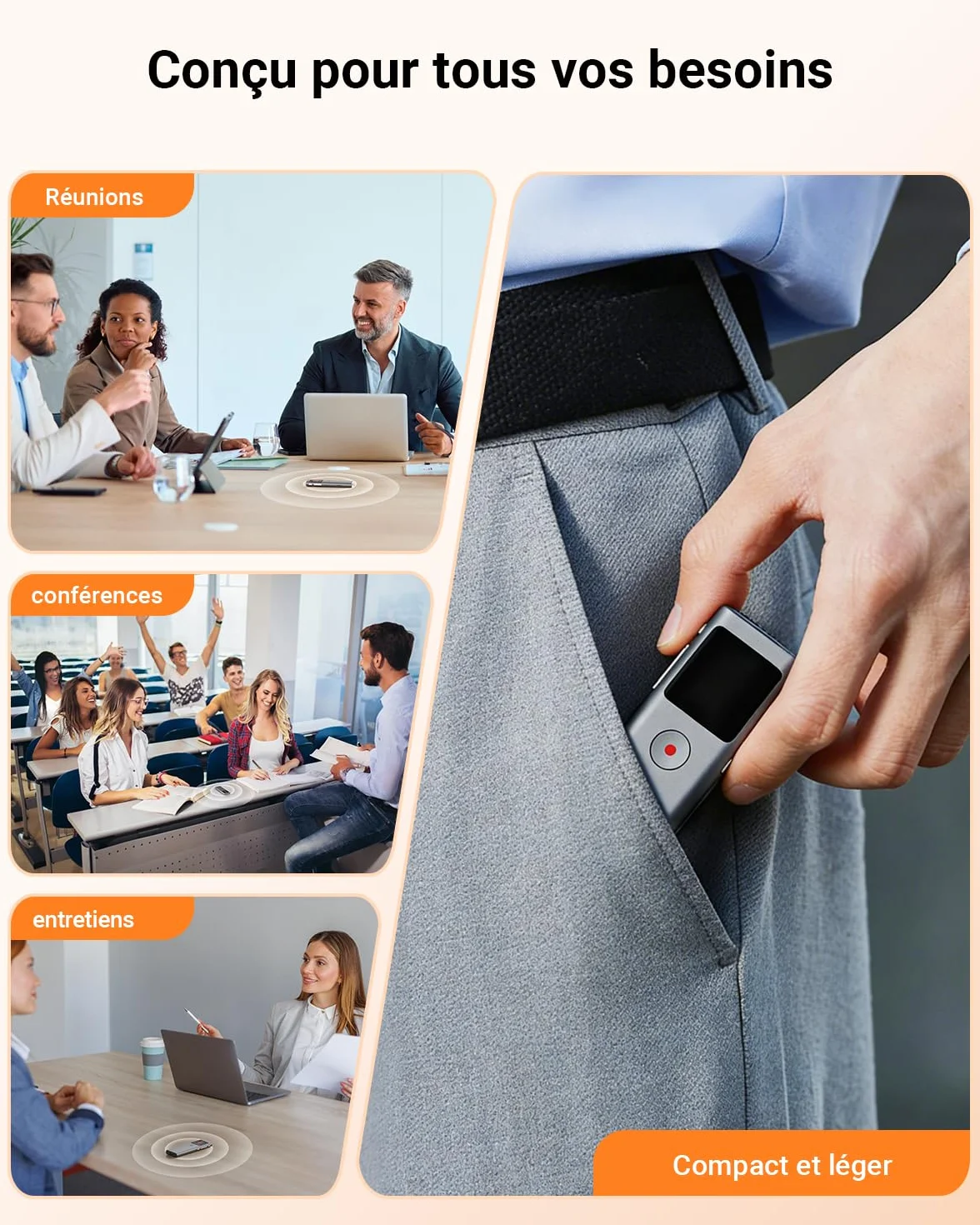 Enregistreur Vocal IA Dictaphone Numérique 64 Go Transcription Résumé 90+ Langues Enregistrement HD Réduction Bruit