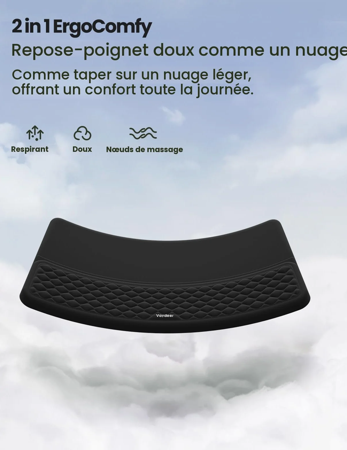 VAYDEER Repose-Poignets Ergonomique avec Rehausseur de Clavier, Support 2-en-1 en Mousse à Mémoire de Forme, Antidérapant pour Bureau – Noir